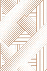 A modern wallpaper with an abstract striped pattern featuring intersecting diagonal and vertical lines in beige on a white background, creating a geometric and sophisticated look. Peel and stick removable wallpaper.