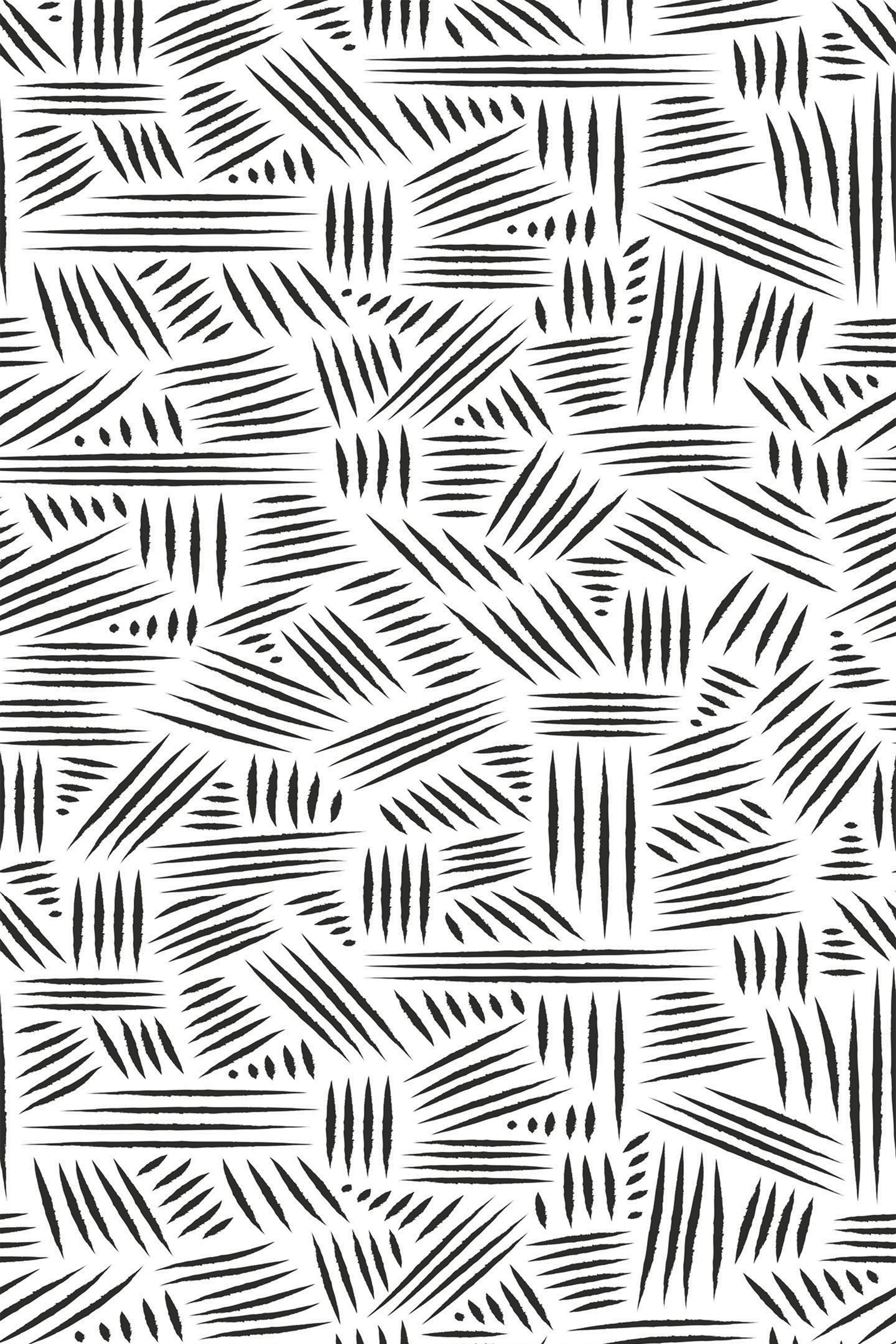 Black abstract lines arranged in various directions on a white background, creating a dynamic, modern pattern of short, sharp strokes. Peel and stick removable wallpaper.