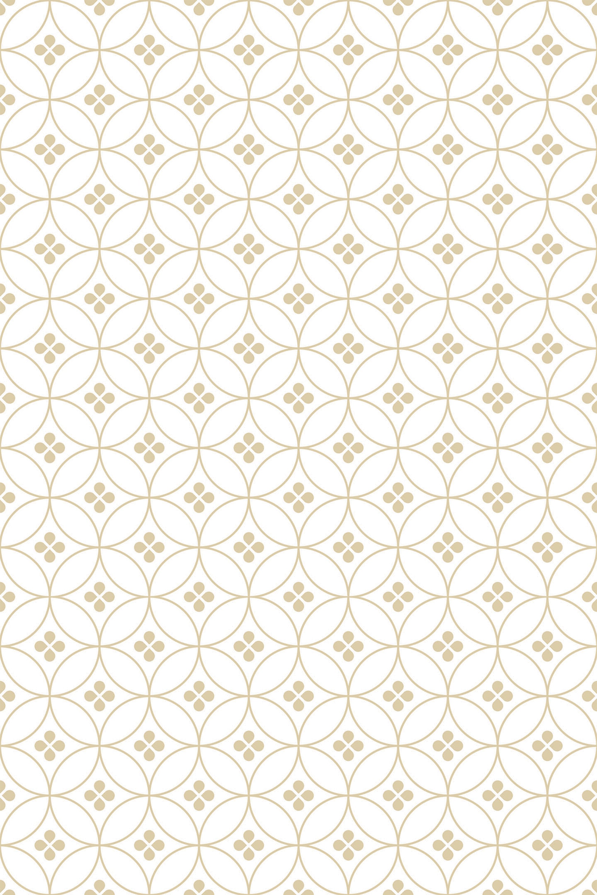 Gold geometric patterns form interlocking circles and diamonds with delicate floral-like motifs on a white background. Peel and stick removable wallpaper.