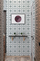 Portugal tile cube wallpaper design using geometric patterns with square shapes and curved edges in shades of blue and light gray. Traditional wallpaper.