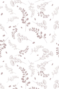 A soft, delicate pattern featuring hand-drawn florals and botanical elements in muted earth tones, scattered across a white background. Peel and stick removable wallpaper.