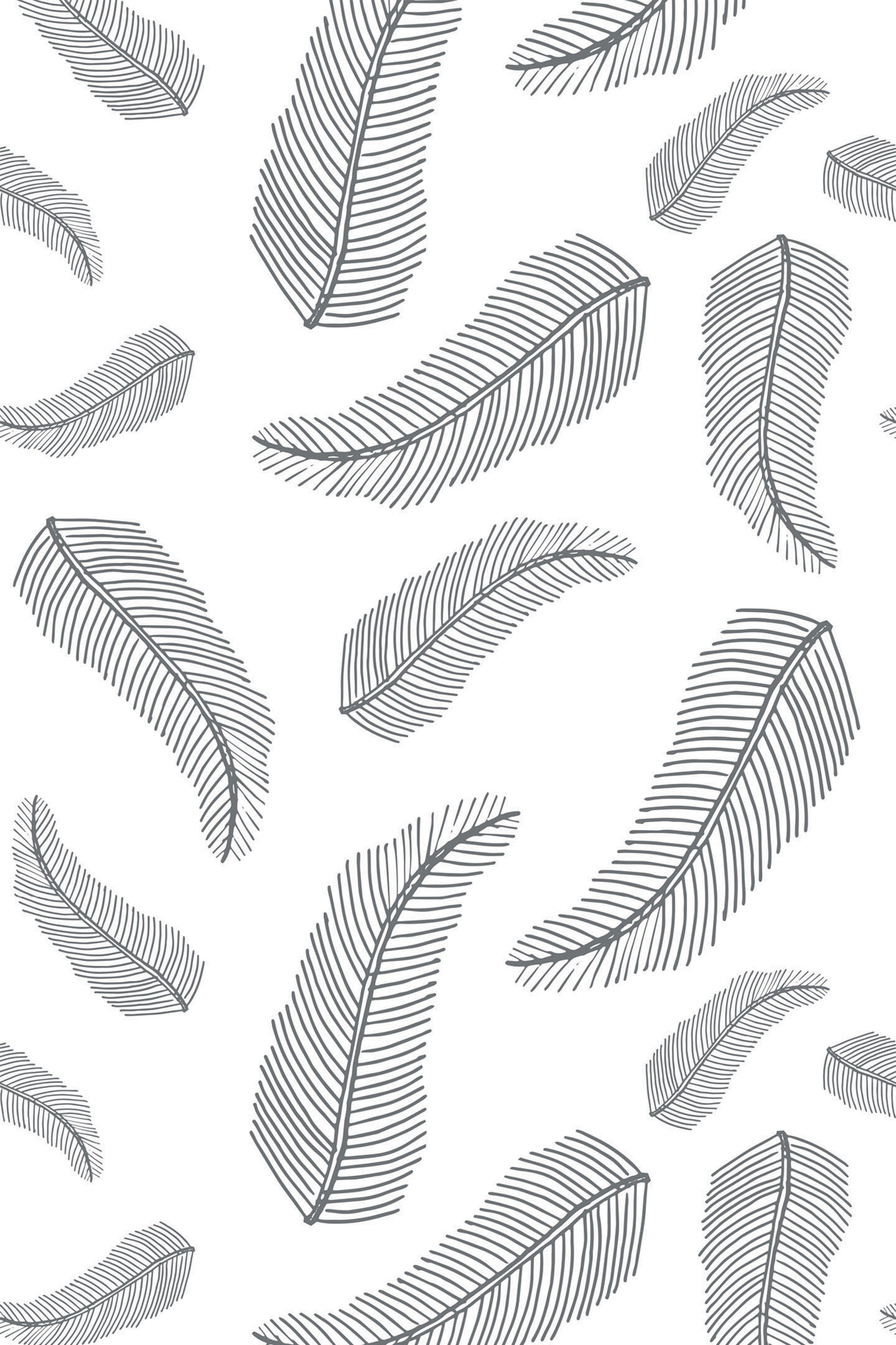 A repeating pattern of hand-drawn, thinly lined feathers in varying directions and sizes on a white background, peel and stick removable wallpaper.