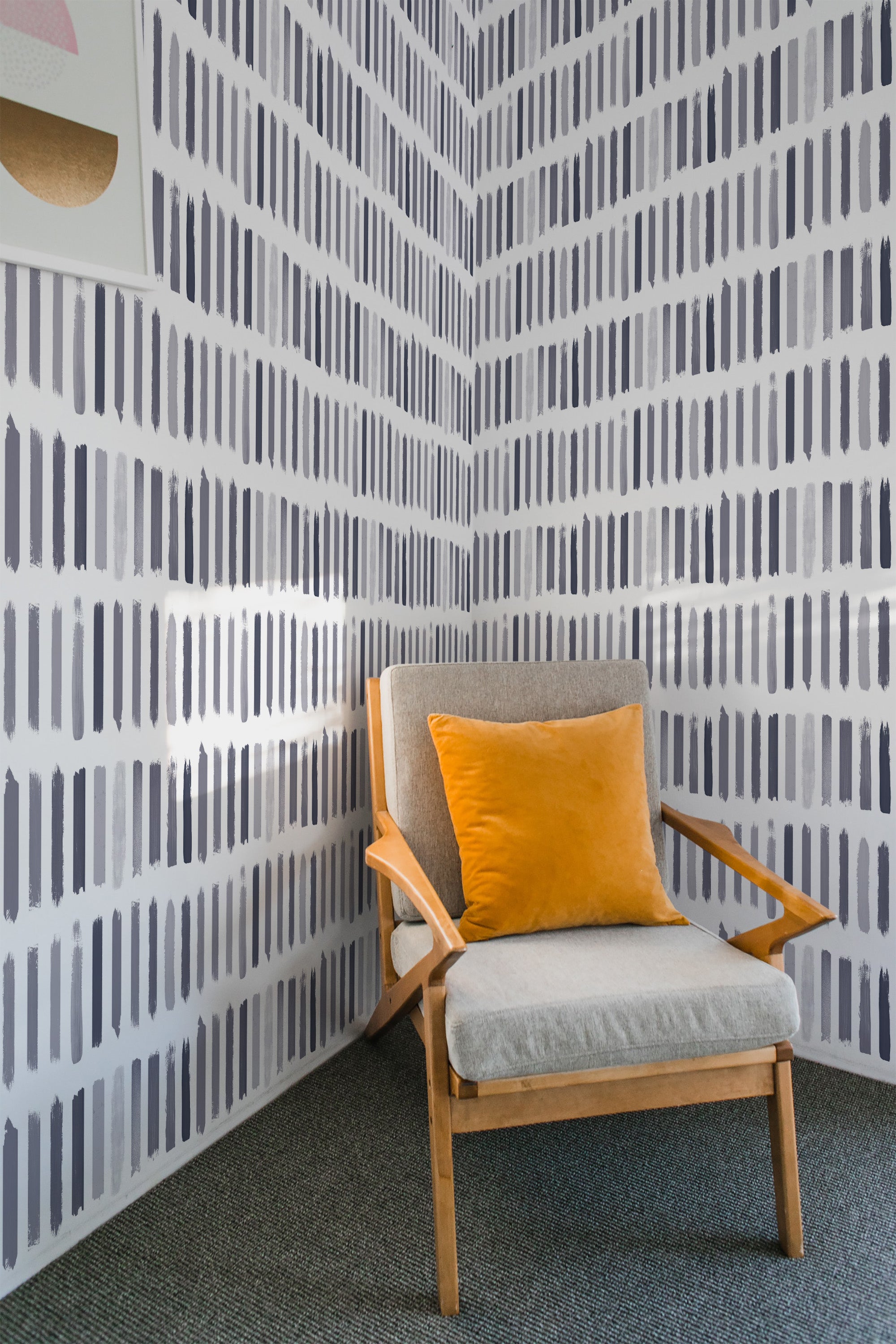 A room with wallpaper covering the walls, showcasing a pattern of purple brushstroke lines arranged vertically and evenly spaced. The design adds a modern yet classic touch to the space, creating a visually interesting and textured effect. The wallpaper is traditional wallpaper.