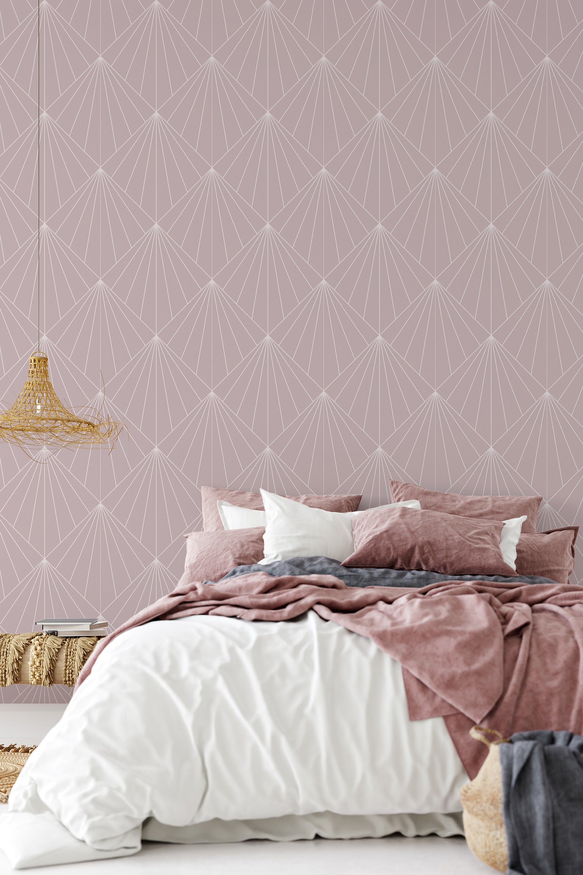 A room with Art Deco geometric wallpaper in subtle pastel tones, incorporating symmetrical lines and shapes in an elegant and vintage style, reminiscent of 1920s design. The wallpaper complements the cozy bedroom setting with neutral textures and soft hues, creating an inviting and timeless ambiance. Traditional wallpaper.
