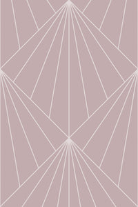 A geometric Art Deco wallpaper with intersecting white lines forming abstract fan shapes on a muted blush pink background. Peel and stick removable wallpaper.