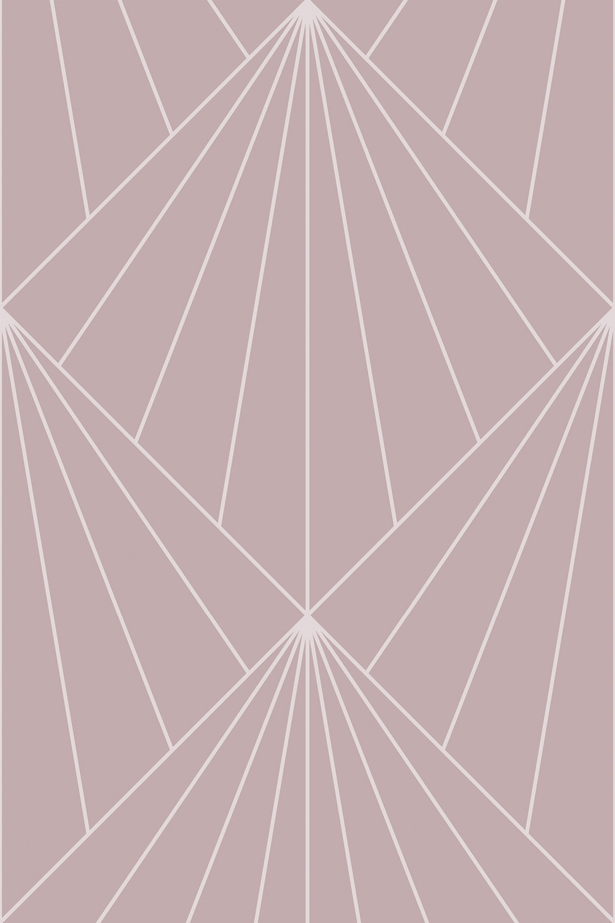 A geometric Art Deco wallpaper with intersecting white lines forming abstract fan shapes on a muted blush pink background. Peel and stick removable wallpaper.