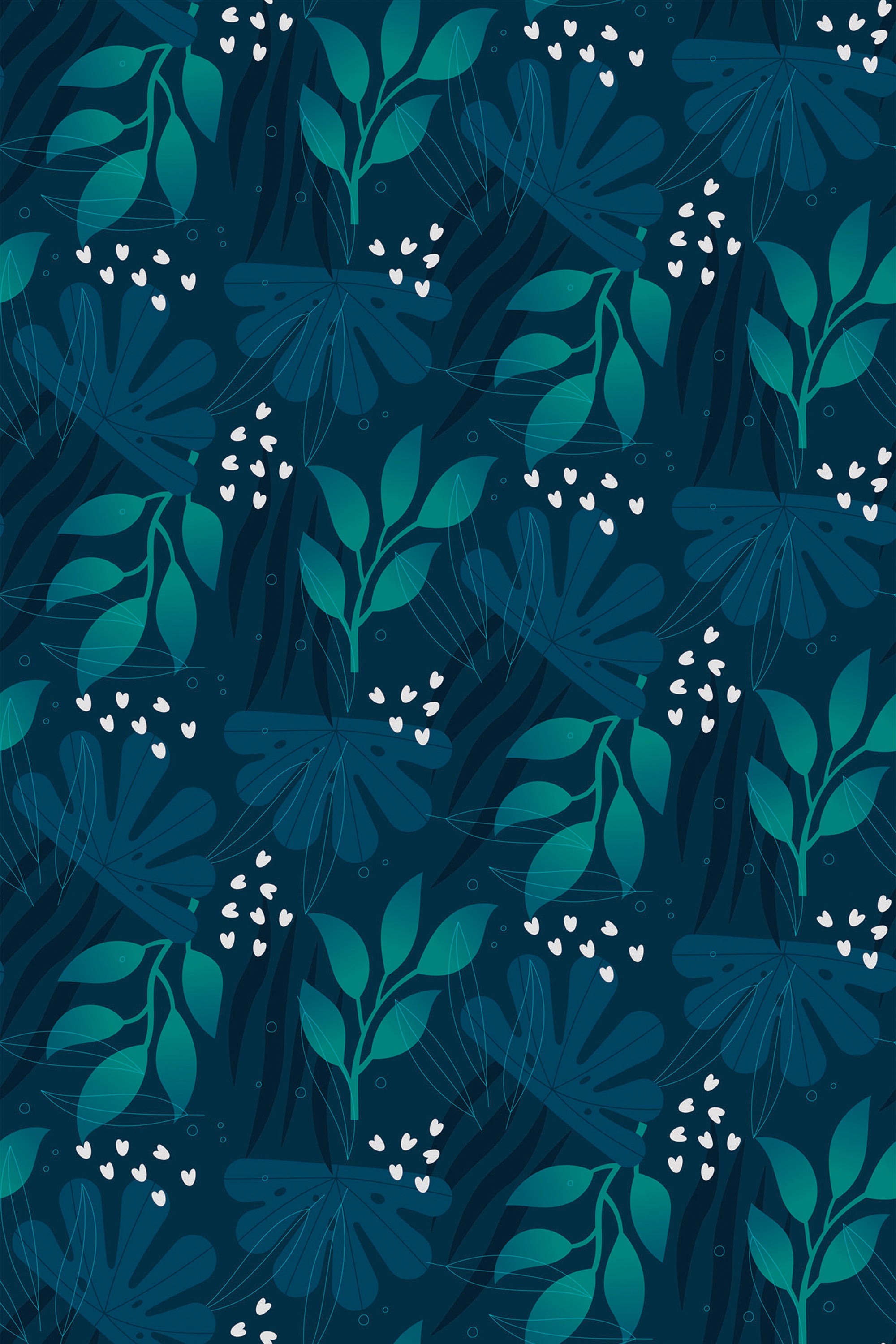 Dark blue wallpaper with a repeating pattern of leaves in various shades of green and teal, interspersed with small white floral clusters and line art accents, creating a subtle and elegant natural theme. Peel and stick removable wallpaper.