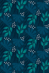 Dark blue wallpaper with a repeating pattern of leaves in various shades of green and teal, interspersed with small white floral clusters and line art accents, creating a subtle and elegant natural theme. Peel and stick removable wallpaper.