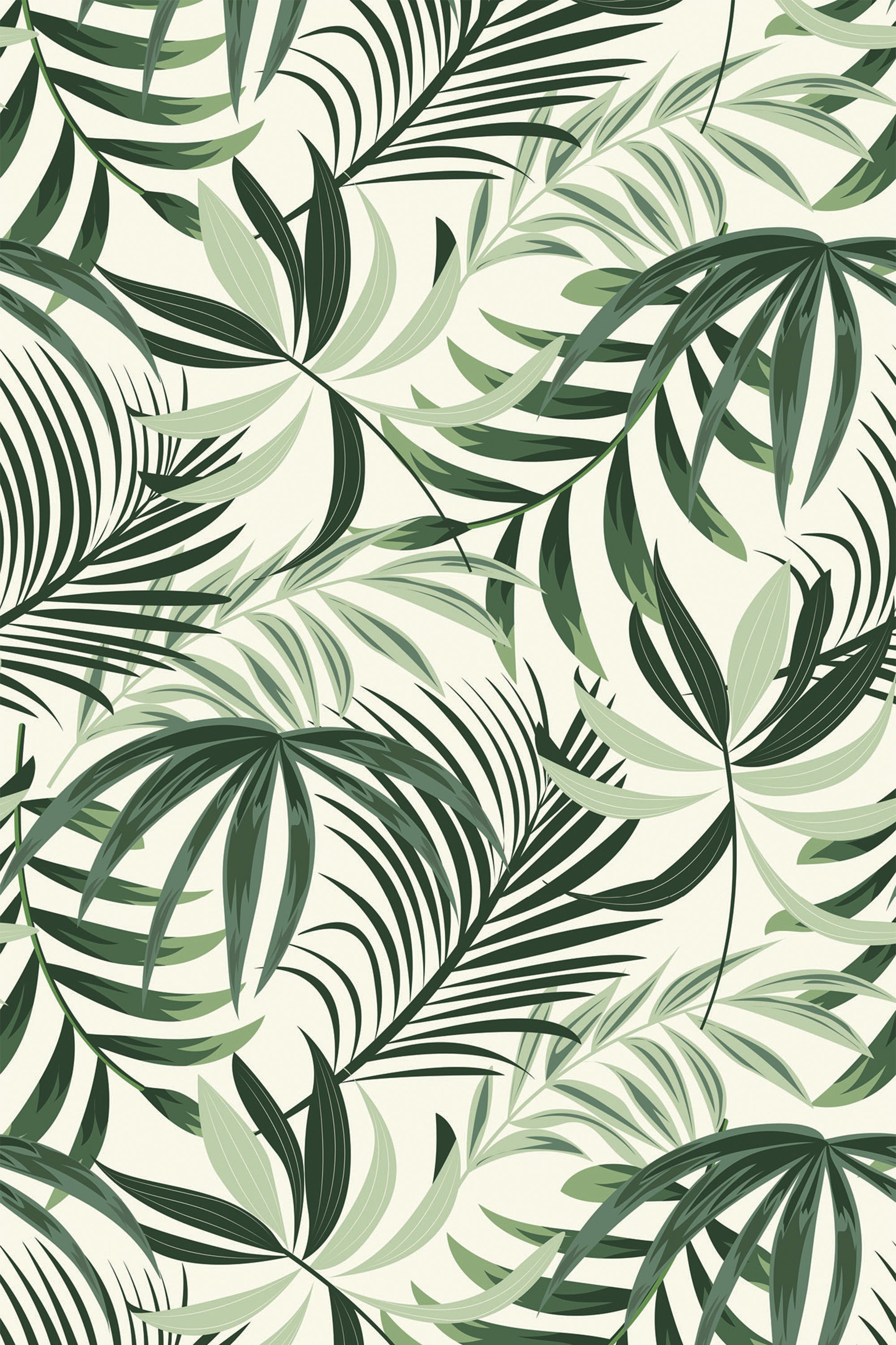 Tropical leaf wallpaper with a pattern of lush green palm fronds and various other tropical leaves on a light cream background, peel and stick removable wallpaper.