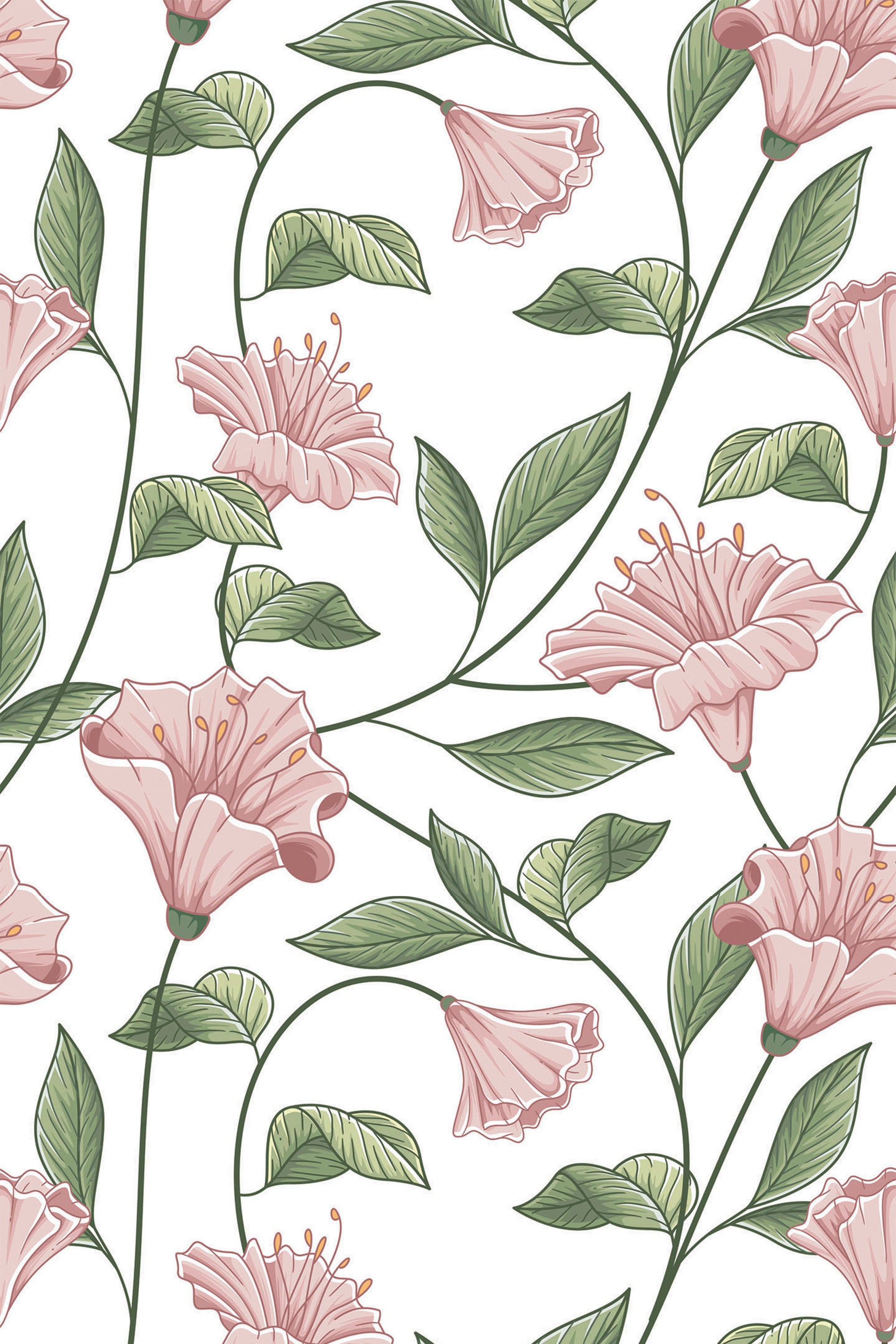 Delicate pink flowers with ruffled petals are intertwined with green leaves and vines on a white background, creating a feminine and elegant pattern. Peel and stick removable wallpaper.