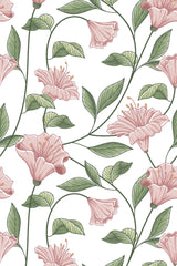 Delicate pink flowers with ruffled petals are intertwined with green leaves and vines on a white background, creating a feminine and elegant pattern. Peel and stick removable wallpaper.