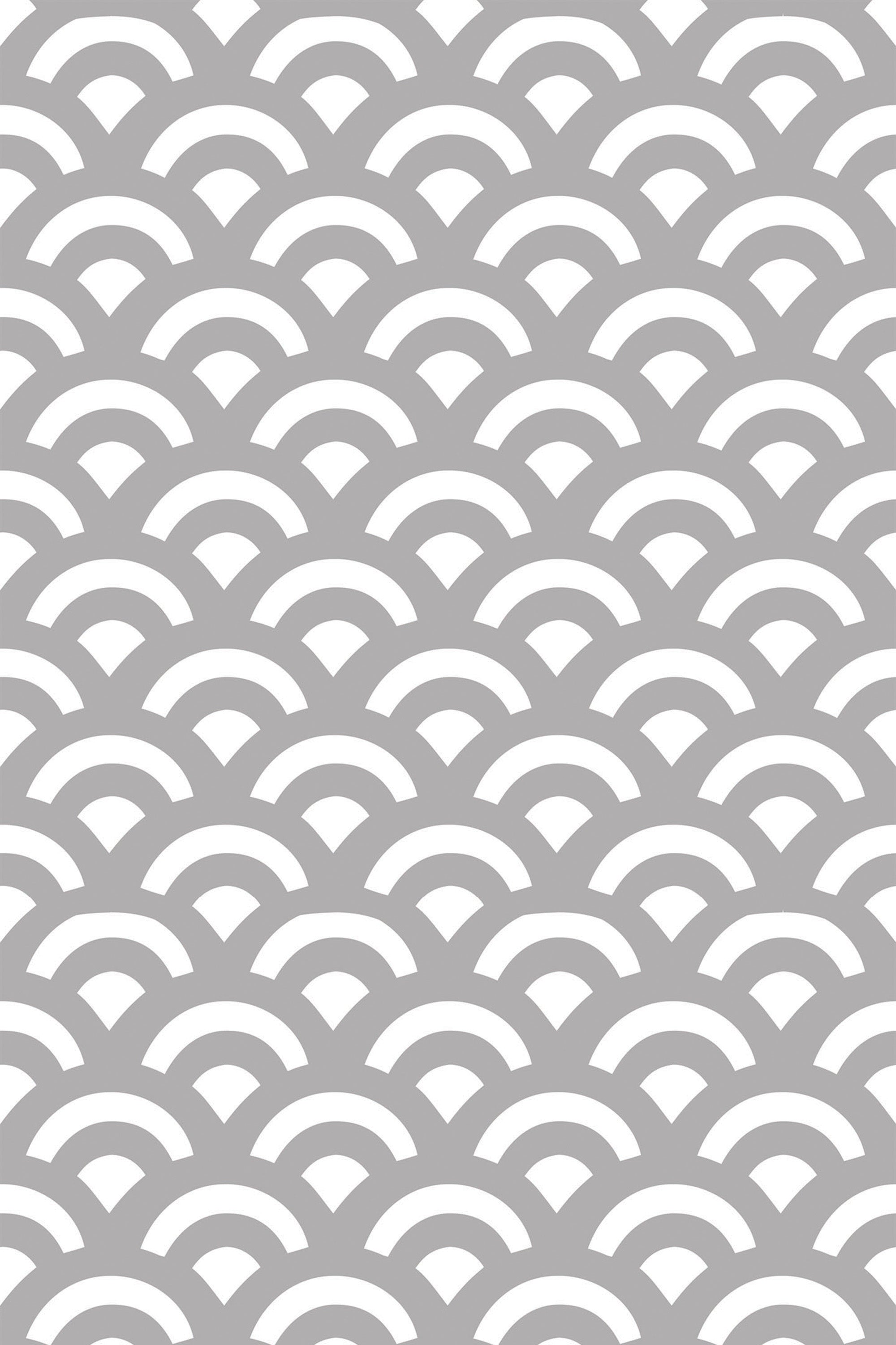 Gray and white Art Deco double wave pattern with repetitive semi-circular shapes in a graceful, overlapping design. Peel and stick removable wallpaper.
