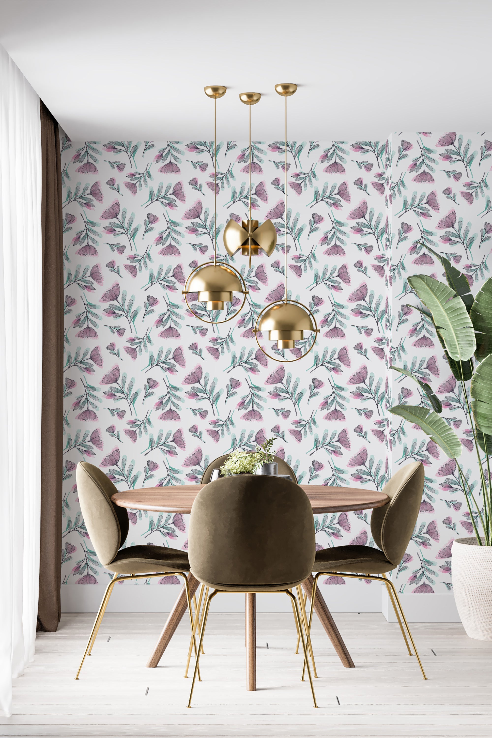 Watercolor flowers wallpaper with soft pink blossoms and green leaves on a white background, creating a delicate, artistic feel, set within a modern dining room with gold accents. Traditional wallpaper.