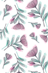 A repeating pattern of delicate watercolor flowers with soft pink petals, green leaves, and light turquoise accents on a white background. The design gives a hand-painted, artistic feel with a modern, airy vibe. Ideal for adding a touch of nature-inspired elegance to any room. Peel and stick removable wallpaper.