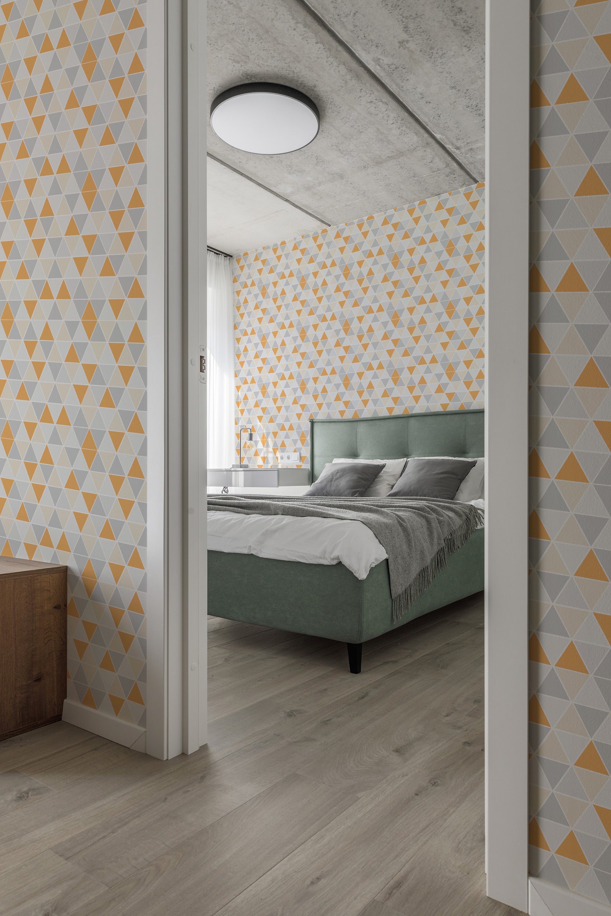Wallpaper with a repeating triangular geometric pattern in shades of yellow, grey, and white, creating a vibrant and modern look. Traditional wallpaper.
