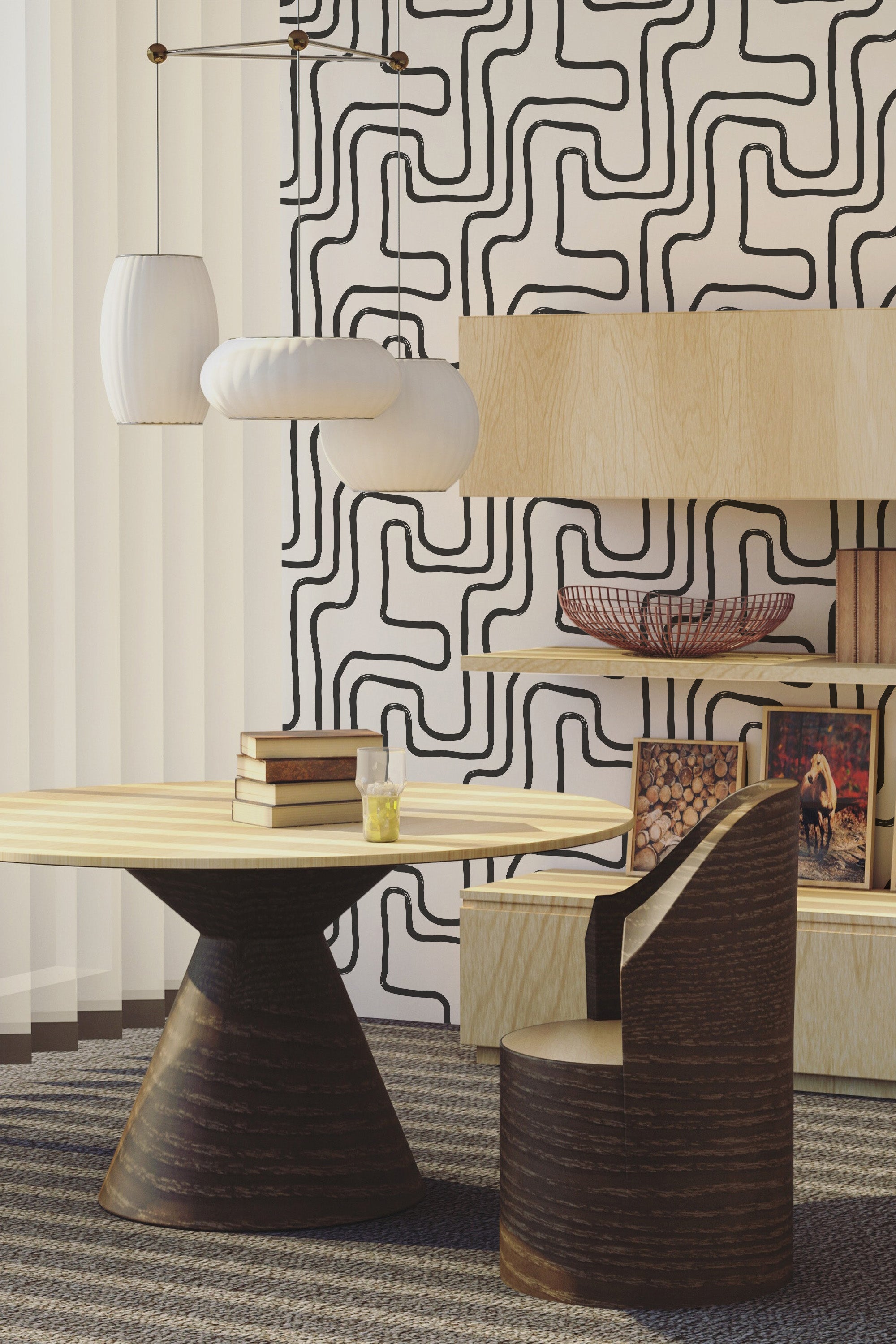 A room with a wallpaper design comprised of bold, meandering black brushstroke lines creating an abstract, flowing pattern on a cream background, traditional wallpaper.