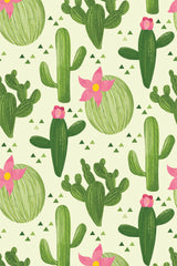 A repeating cactus pattern with various types of green cacti, including saguaro and prickly pear, scattered on a light background. Pink flowers adorn some cacti, and small green triangles accent the design. Peel and stick removable wallpaper.
