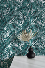 Self-adhesive Blue tropical leaf wallpaper with vibrant blue and green leaves on a dark background, creating a lush, jungle-inspired aesthetic.