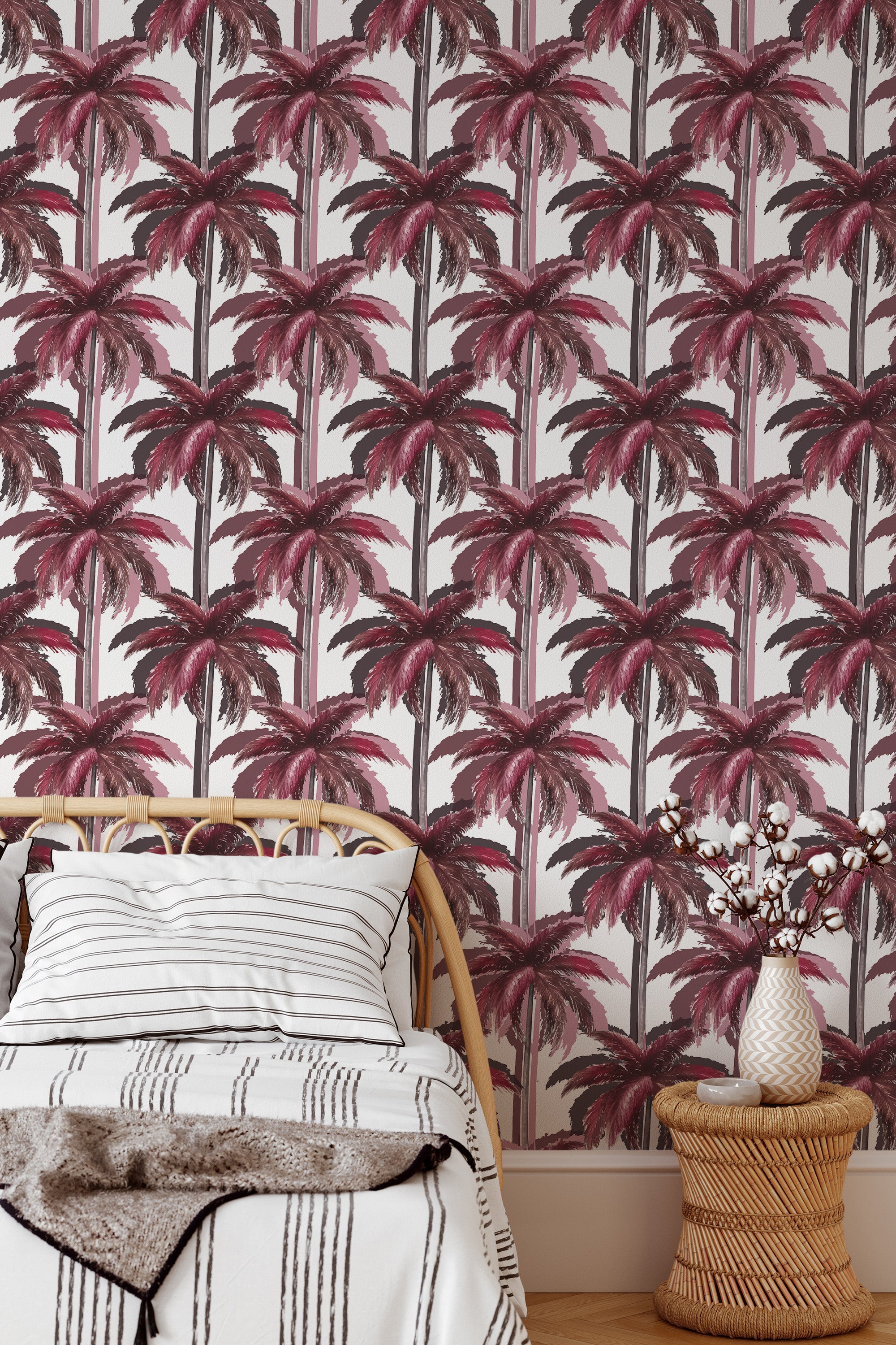 Self-adhesive wallpaper with a pattern of vibrant pink palm trees set against a white background, adding a tropical and lively atmosphere to the room.