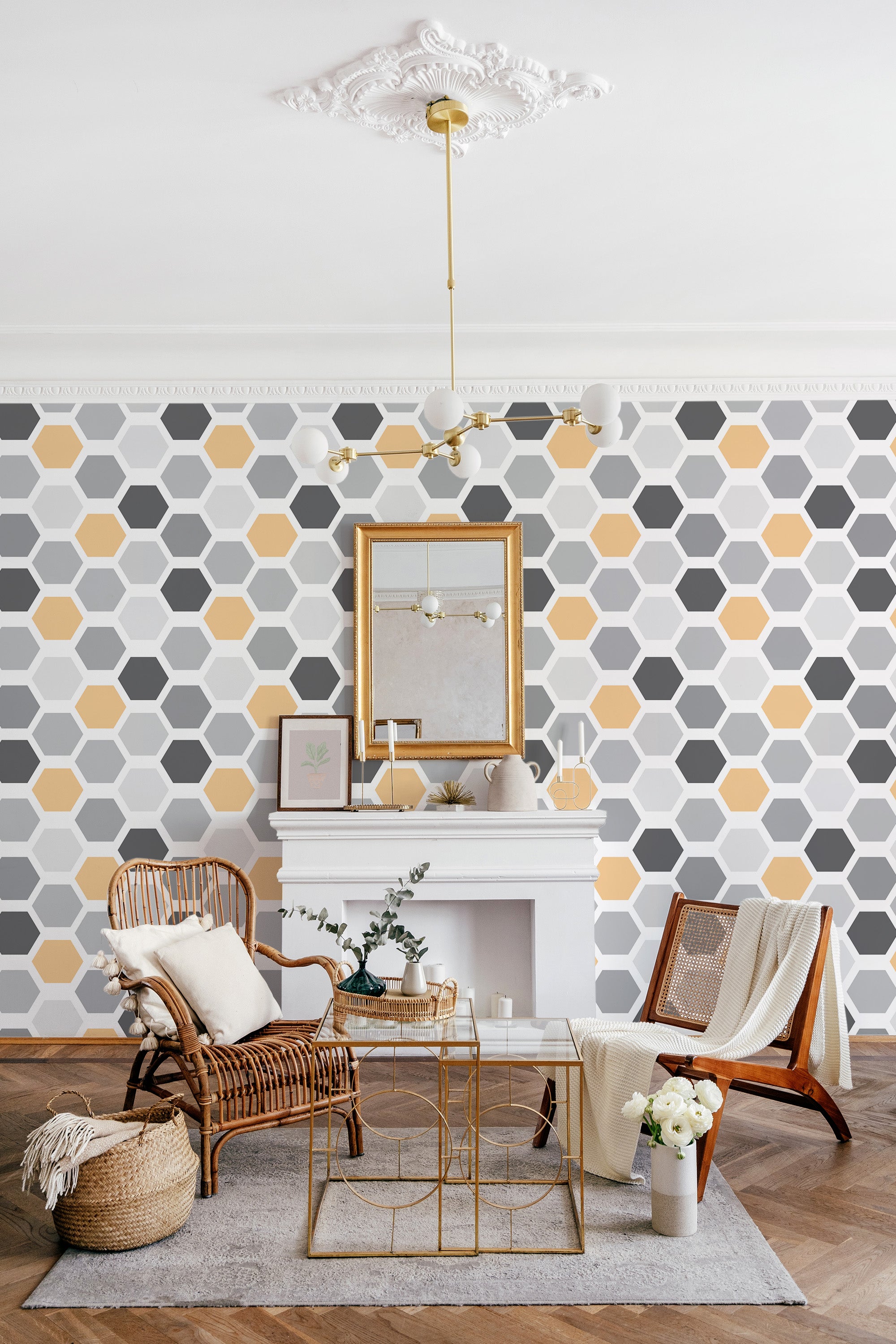 A modern room with wallpaper adorned with a colorful hexagon pattern in shades of gray, beige, and white, complementing the traditional wallpaper.