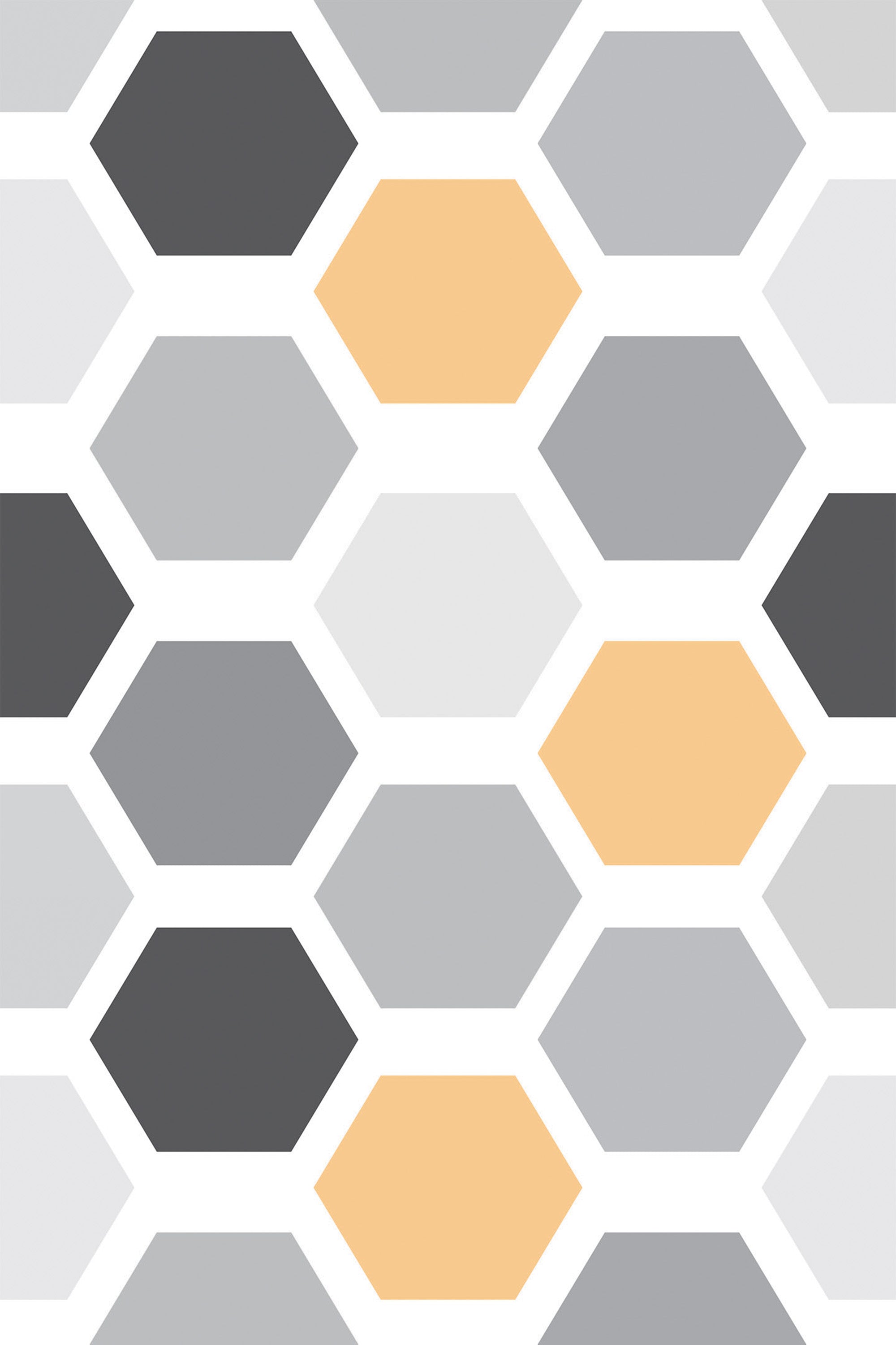 A repeating pattern with hexagons in various shades of gray, black, and yellow on a white background. The hexagons are uniformly arranged in a grid-like fashion with the colors alternating to create a balanced and visually appealing design. Peel and stick removable wallpaper.