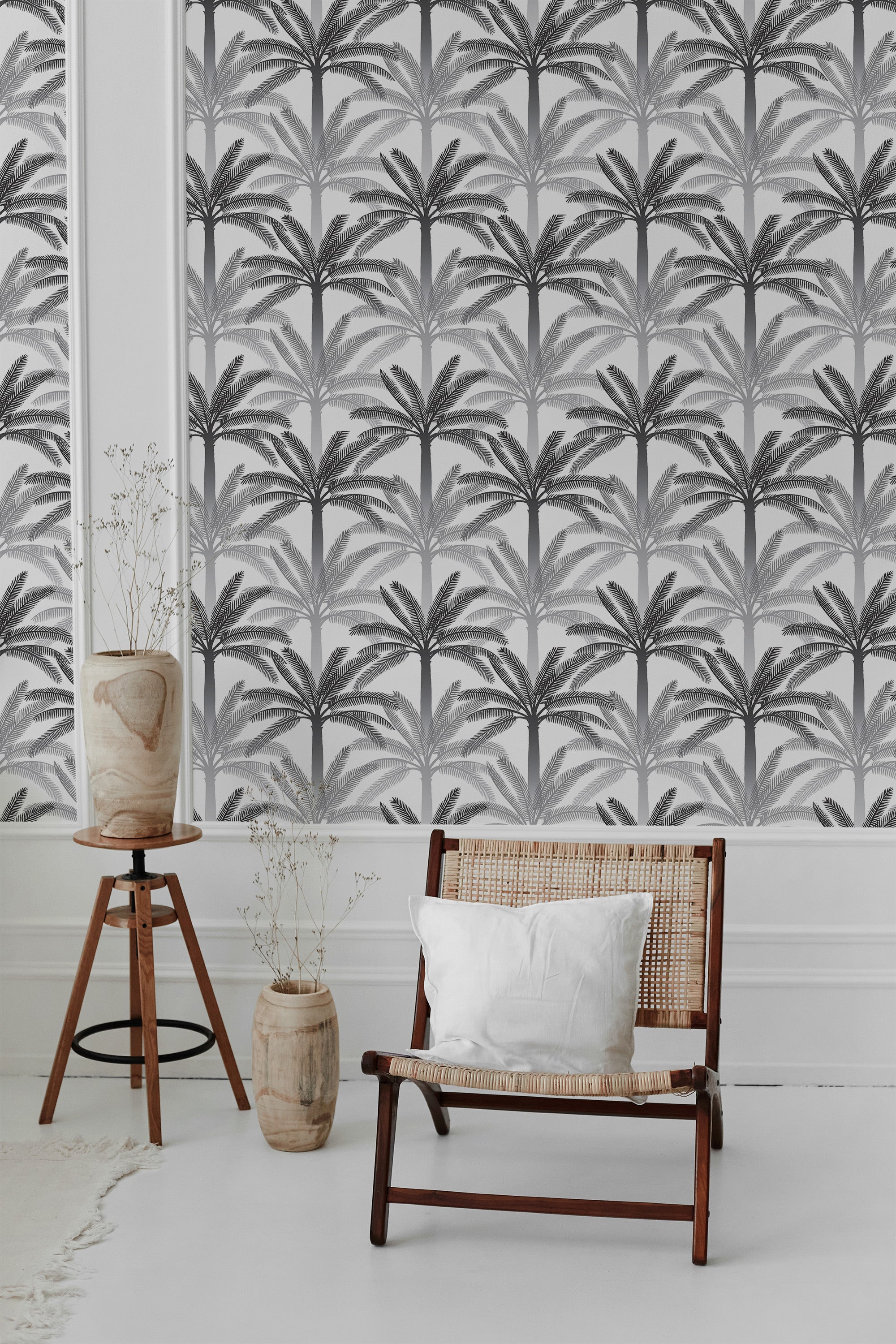 Gray and black palm trees pattern creating repeating rows of palm fronds against a light background, forming a tropical, yet elegant aesthetic for traditional wallpaper.