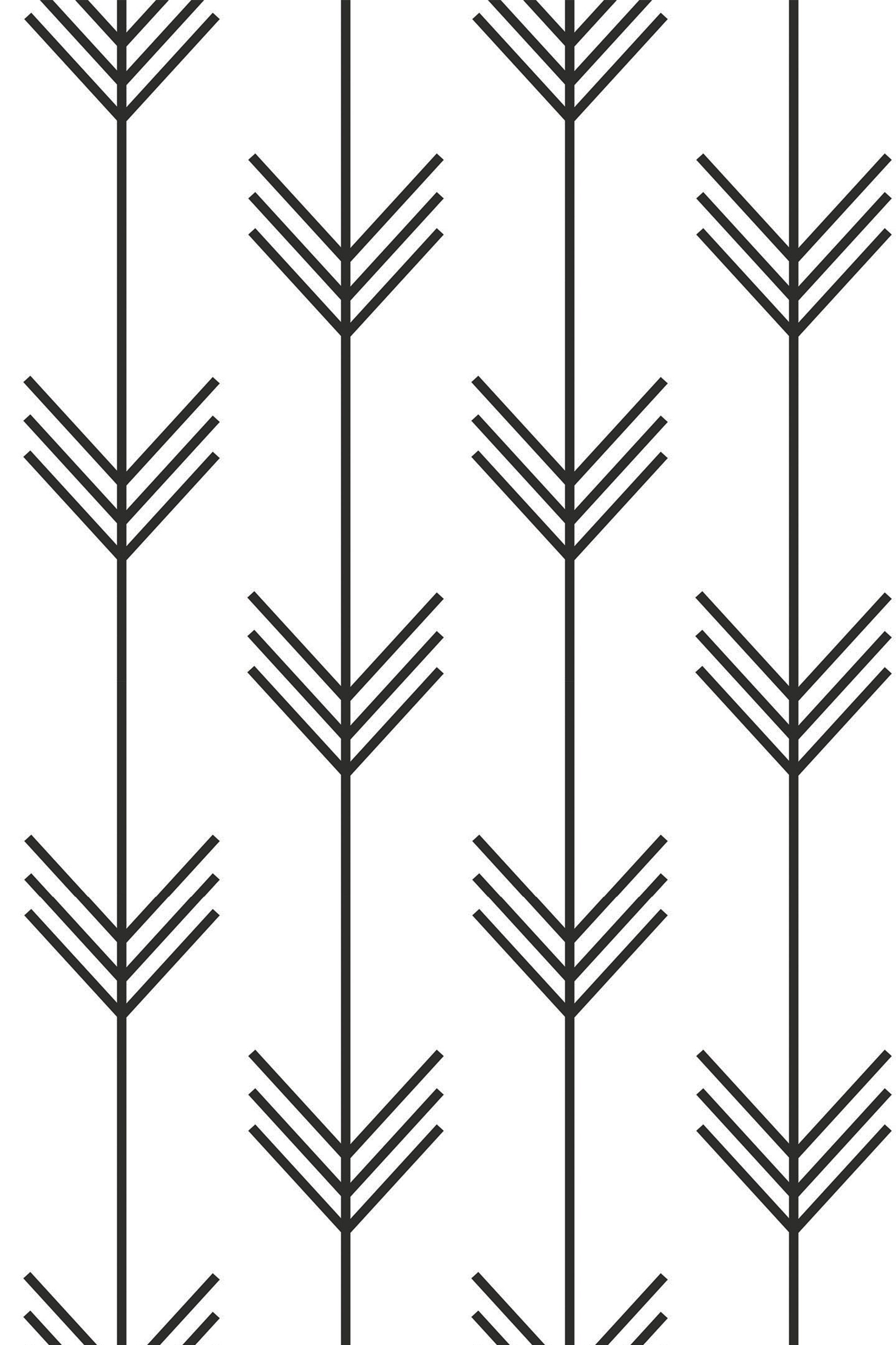 A repetitive pattern of black Boho-style arrows on a white background, pointing in alternating directions with simple, clean lines. Peel and stick removable wallpaper.