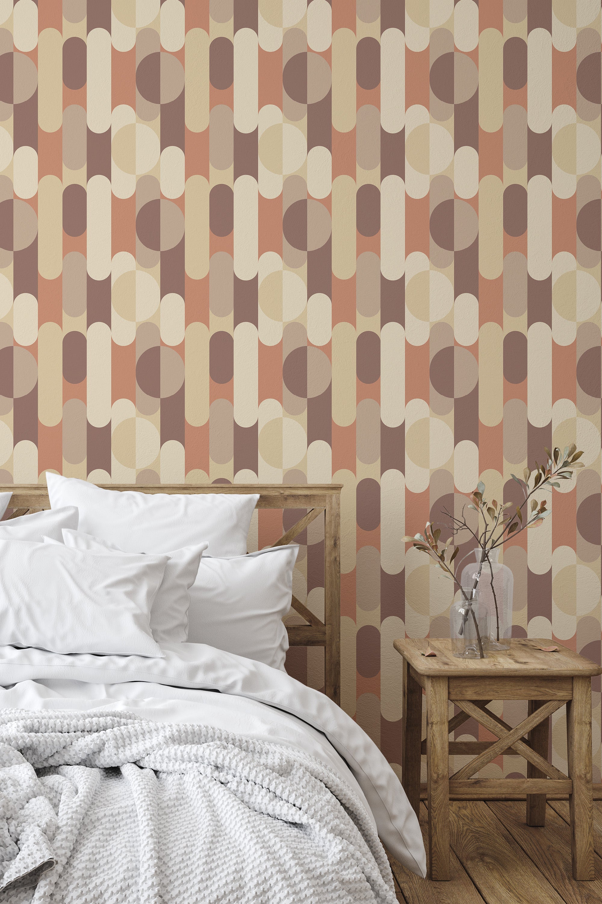Self-adhesive wallpaper with a Mid-century modern design of elongated oval shapes and circles in a warm, earthy color palette of beige, orange, brown, and tan, creating a retro and geometric pattern.