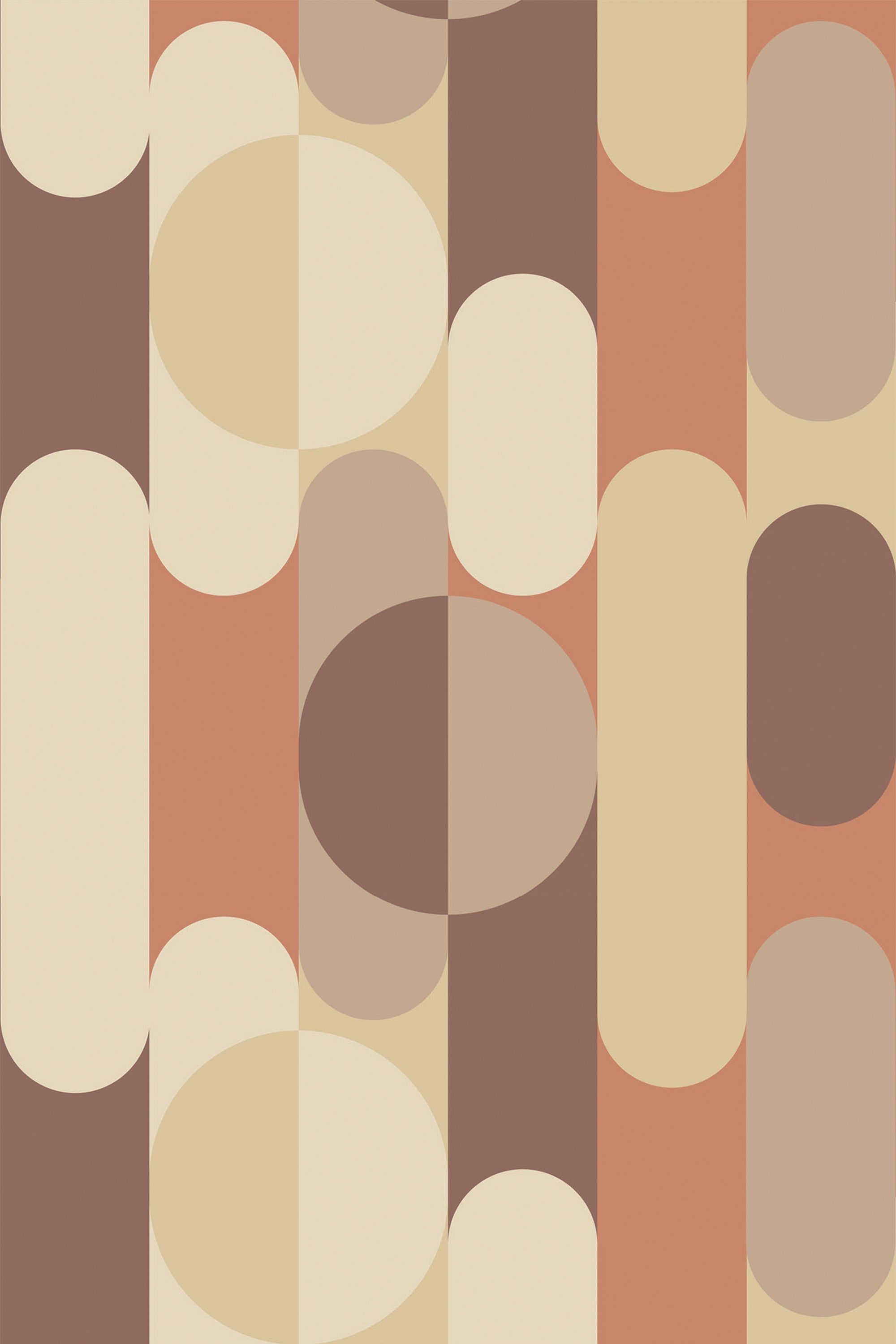 Geometric shapes in earthy shades of brown, cream, tan, and terracotta create a retro pattern with half-circles, ovals, and elongated rectangles, paired together to form abstract designs reflective of the mid-century modern aesthetic. Peel and stick removable wallpaper.