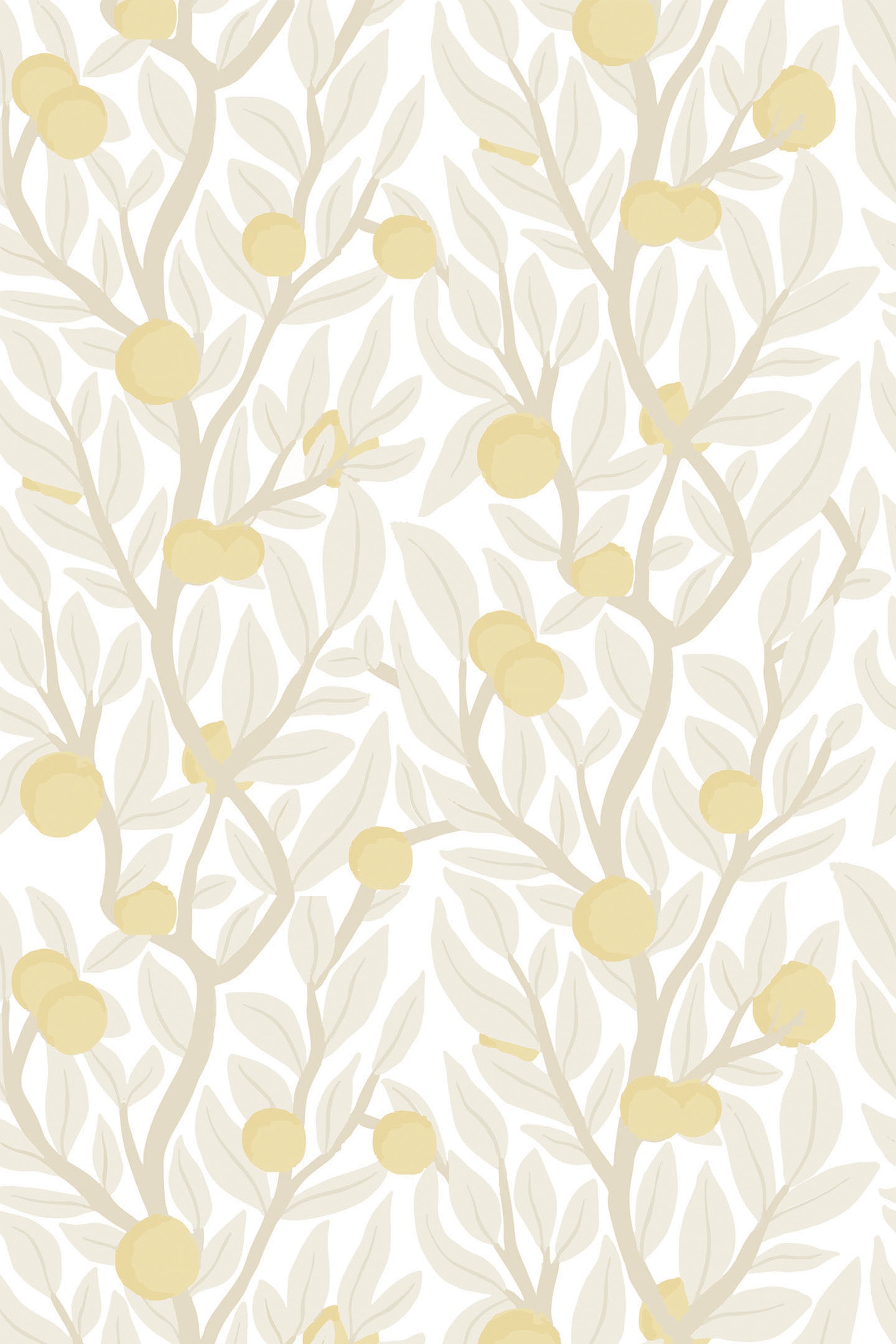 Yellow citrus fruits and soft green leafy branches on a white background, creating a lively and fresh botanical pattern. Peel and stick removable wallpaper.