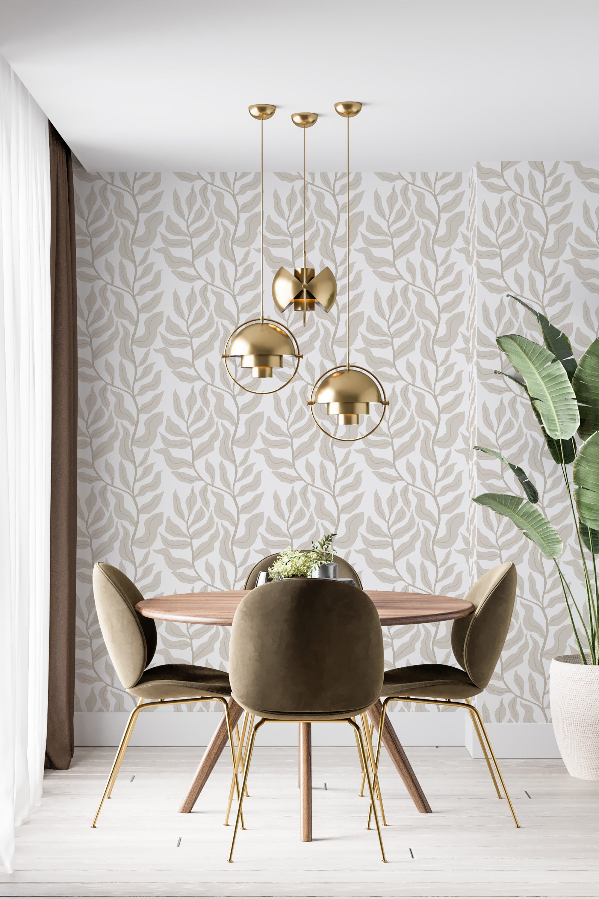 A room with walls covered in a cream-colored wallpaper design with delicate leaf patterns, creating a serene and elegant atmosphere, traditional wallpaper.