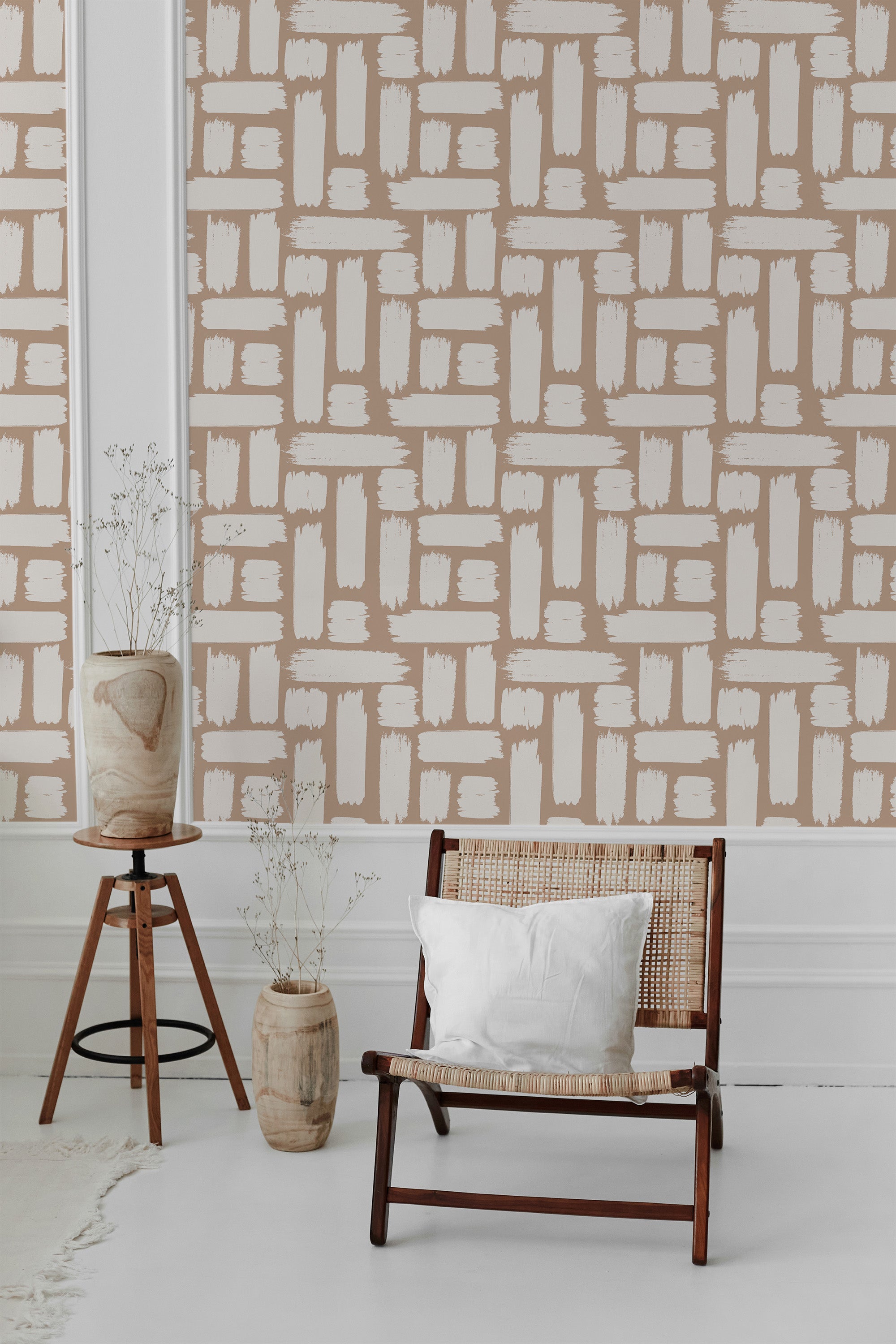 Wallpaper with a Big Brush Stroke design created with soft beige and white rectangular brush marks against a tan background, giving the room an artistic and contemporary feel with a touch of traditional wallpaper.