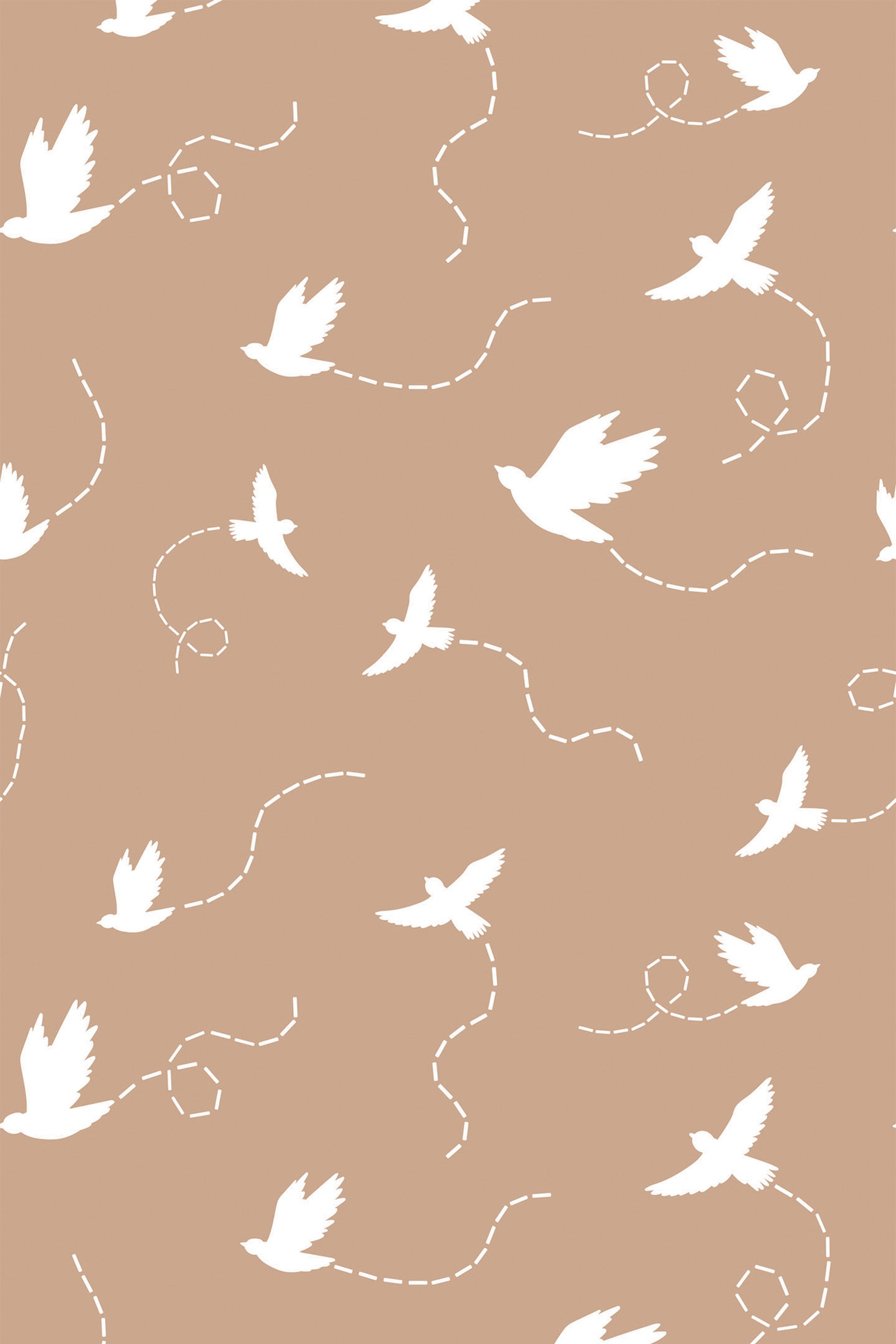 White birds in various flying positions with dotted lines showing flight paths on a soft brown background, peel and stick removable wallpaper.