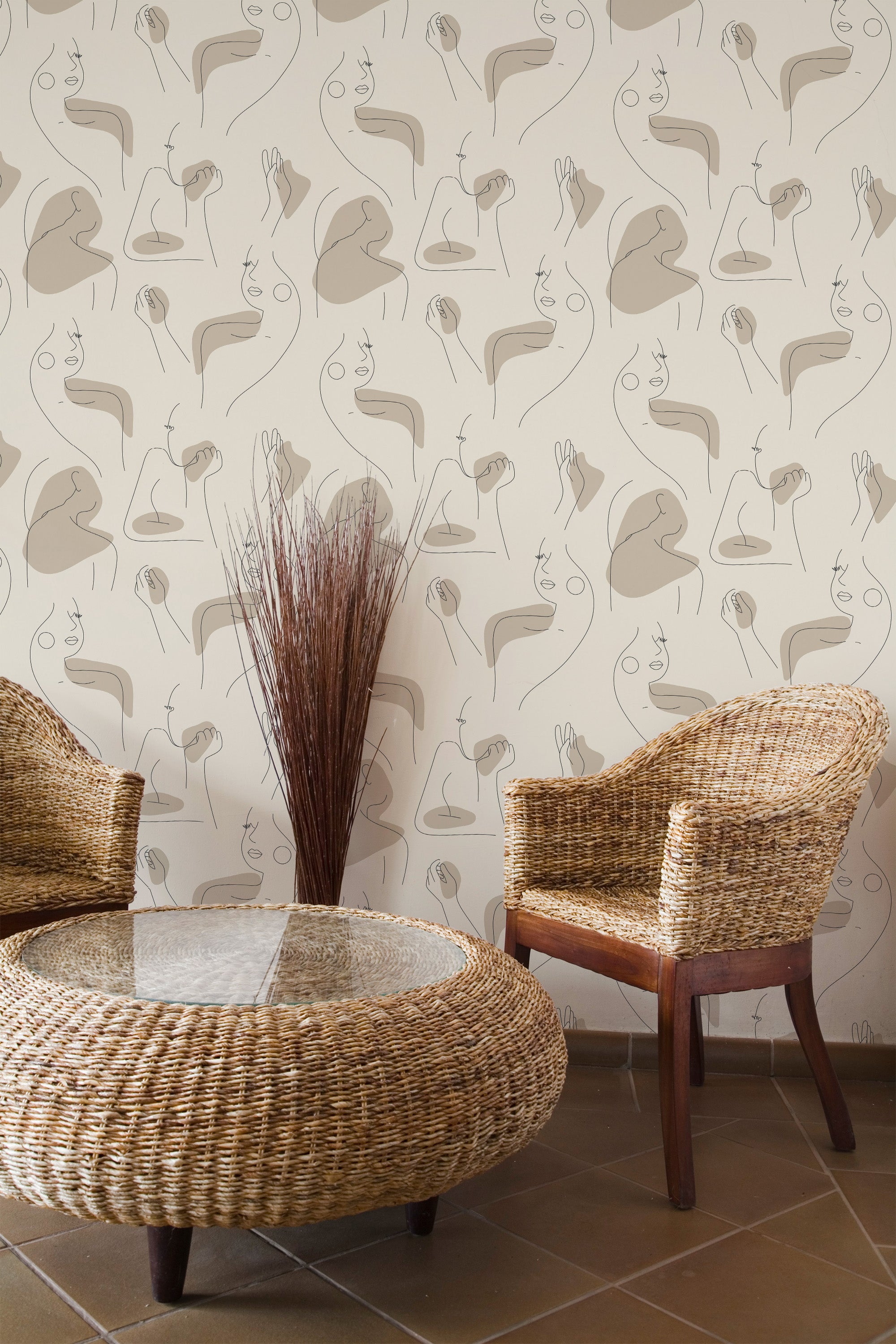 Self-adhesive wallpaper with a neutral body line design, featuring abstract nude outlines in soft beige tones on a light background. Ideal for creating a minimalist and modern aesthetic in any room.