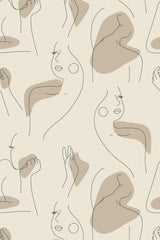 Abstract, minimalist wallpaper with continuous black line drawings of faces and bodies, accented by soft beige and taupe shapes on a light cream background. Peel and stick removable wallpaper.