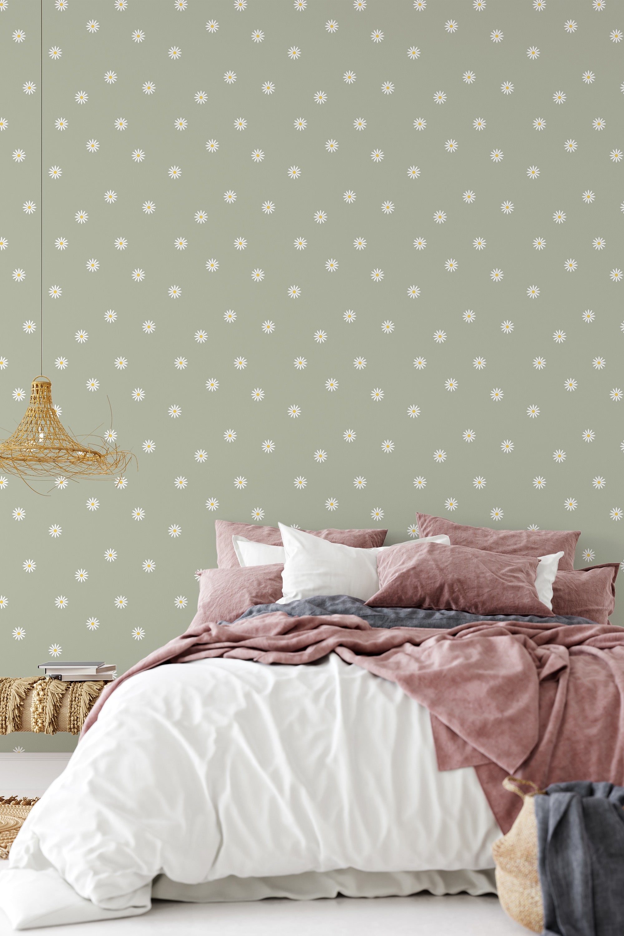 A room with light green wallpaper adorned with a repeating pattern of small, simple white daisies, providing a subtle and delicate floral element,raditional wallpaper.