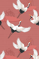Cranes with white wings and black tail feathers in mid-flight against a dusty pink background with subtle horizontal lines and abstract branches. Peel and stick removable wallpaper.