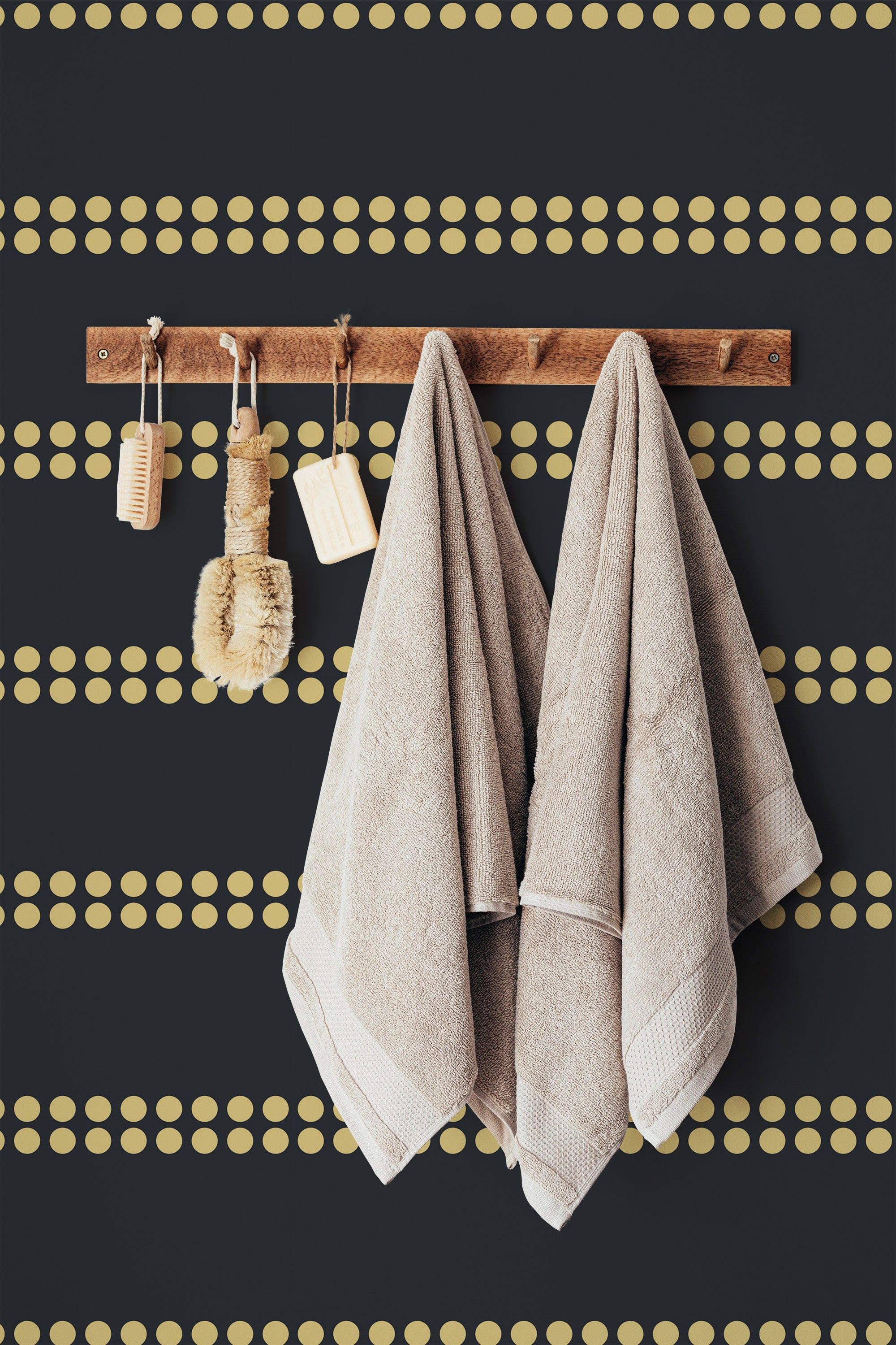 Self-adhesive wallpaper with a design of gold dotted lines evenly spaced horizontally on a deep navy blue background, creating a modern and sophisticated look in the room.