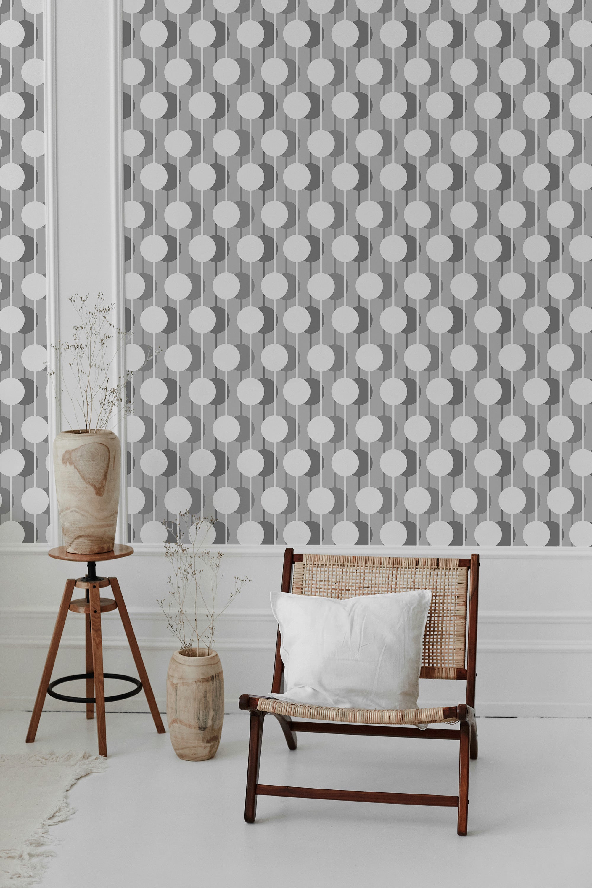 3D circle-patterned wallpaper with raised white circular shapes on a gray background, creating a modern and textured visual effect, traditional wallpaper.