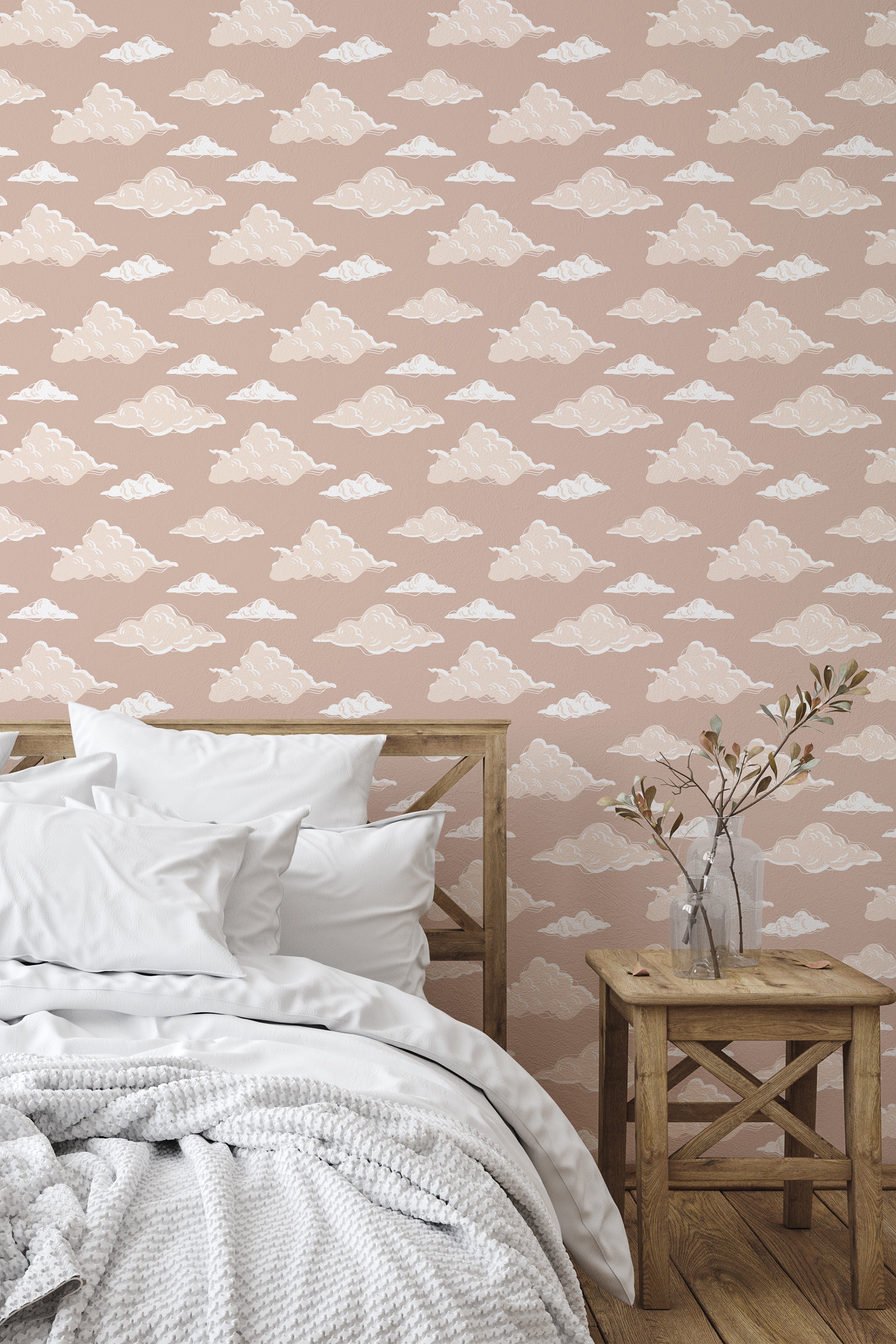 Self-adhesive wallpaper with a pattern of soft, neutral-colored clouds against a gentle, muted peach background, creating a serene and calming atmosphere in the room.