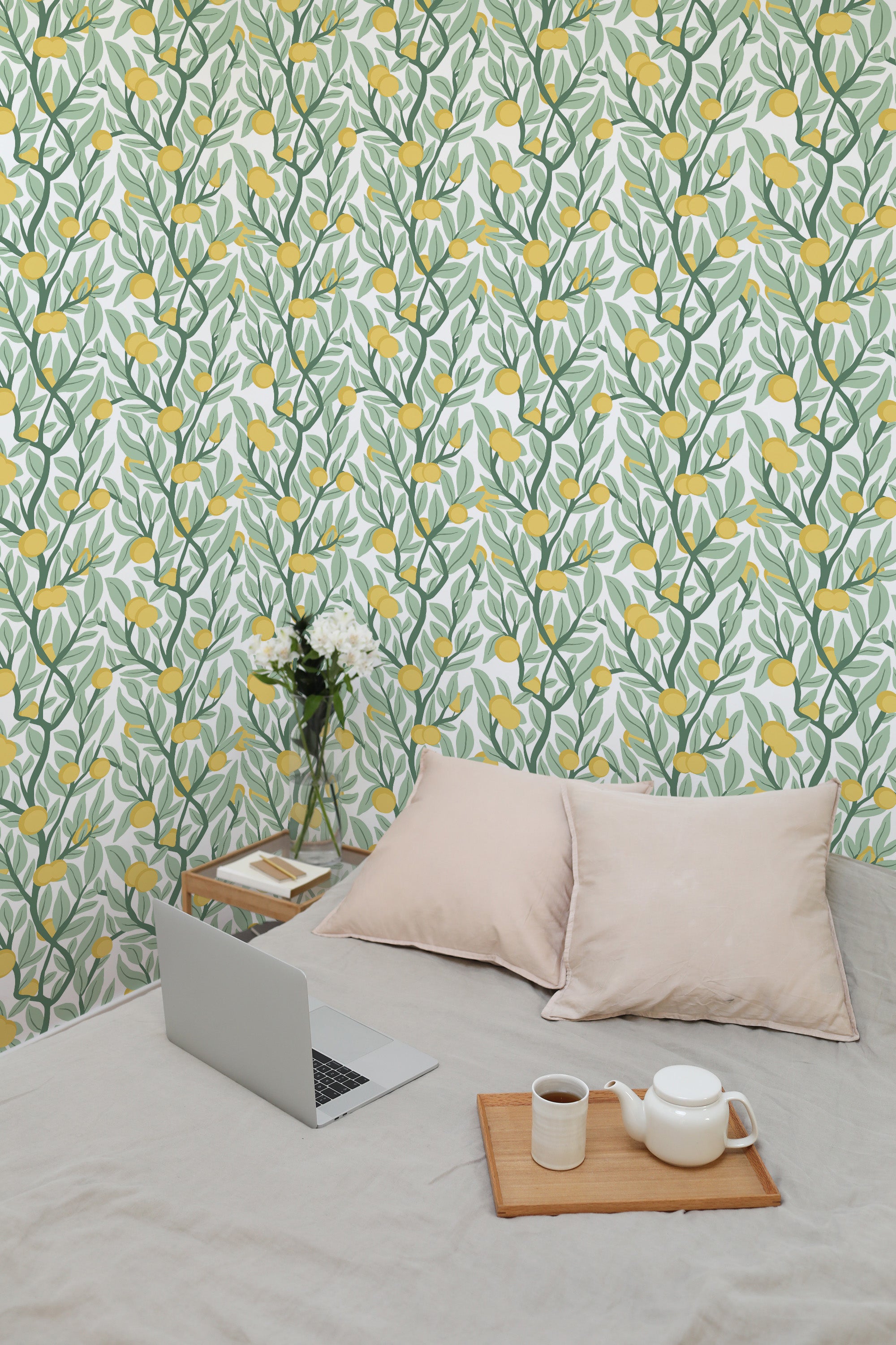 Self-adhesive citrus tree green wallpaper with vibrant green leaves and ripe yellow oranges in a repeating pattern, adding a fresh botanical aesthetic to the room.
