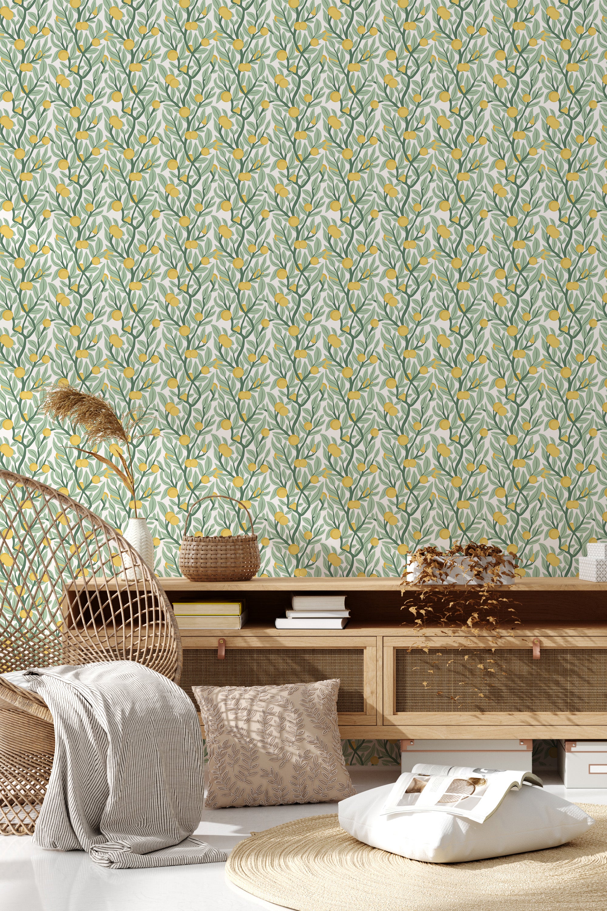 Green and white wallpaper with a citrus tree pattern, showing delicate branches with yellow fruits and white blossoms on a light green background. Traditional wallpaper.