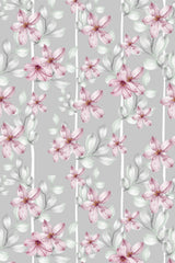 A delicate pattern of pink and white flowers with light green leaves on a soft gray background, peel and stick removable wallpaper.