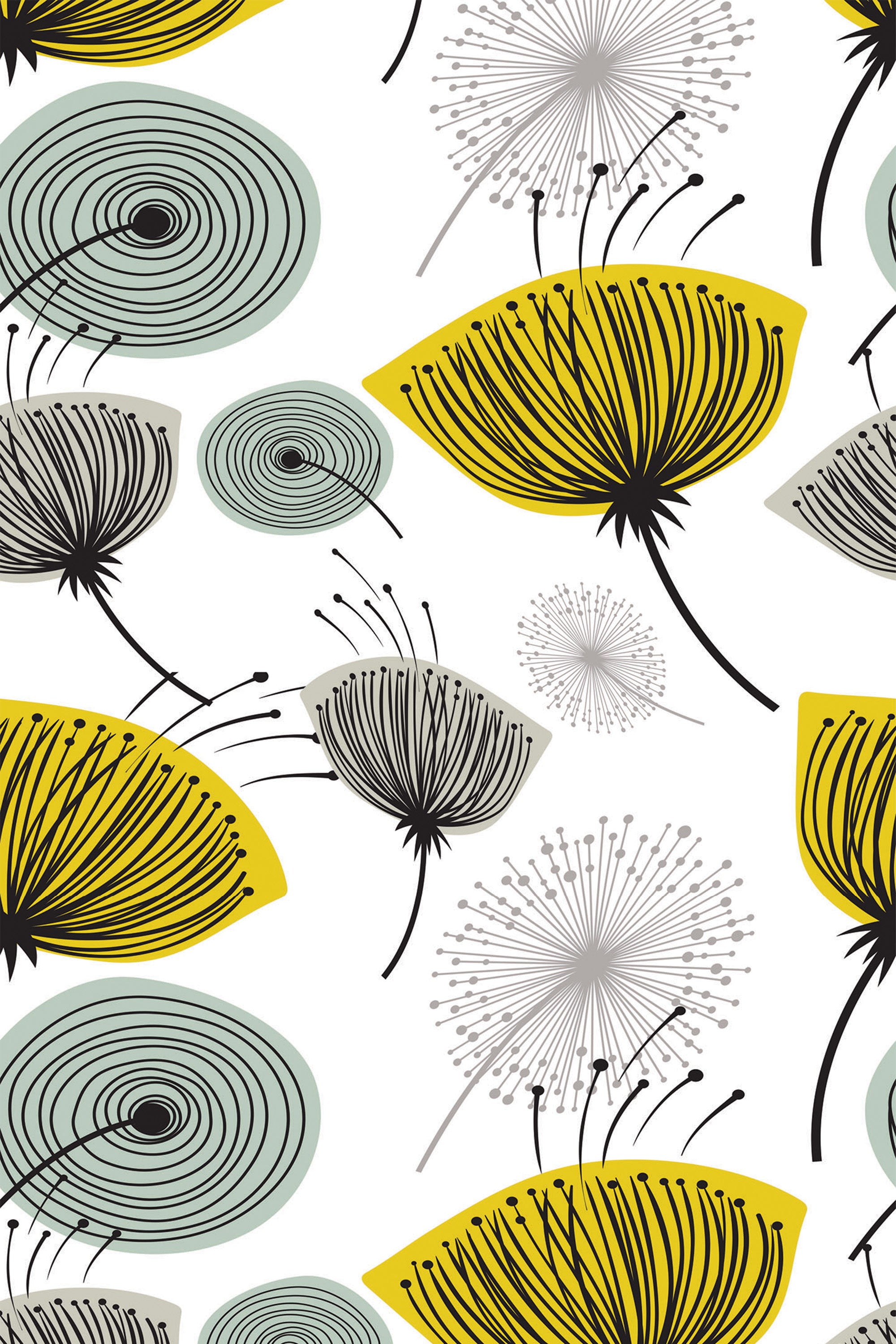 Patterned wallpaper with a retro mid-century modern style, displaying abstract dandelion motifs in shades of yellow, black, gray, and green on a white background. Peel and stick removable wallpaper.