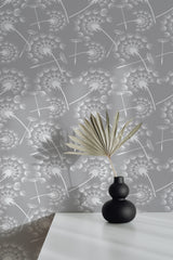 Self-adhesive wallpaper with a seamless dandelion design featuring delicate, white dandelions on a soft gray background, creating a calming and serene atmosphere.