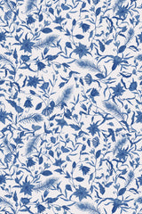 A repeating pattern of intricate blue floral and foliage motifs arranged on a white background with delicate vines and leaves creating a textured botanical design, peel and stick removable wallpaper.