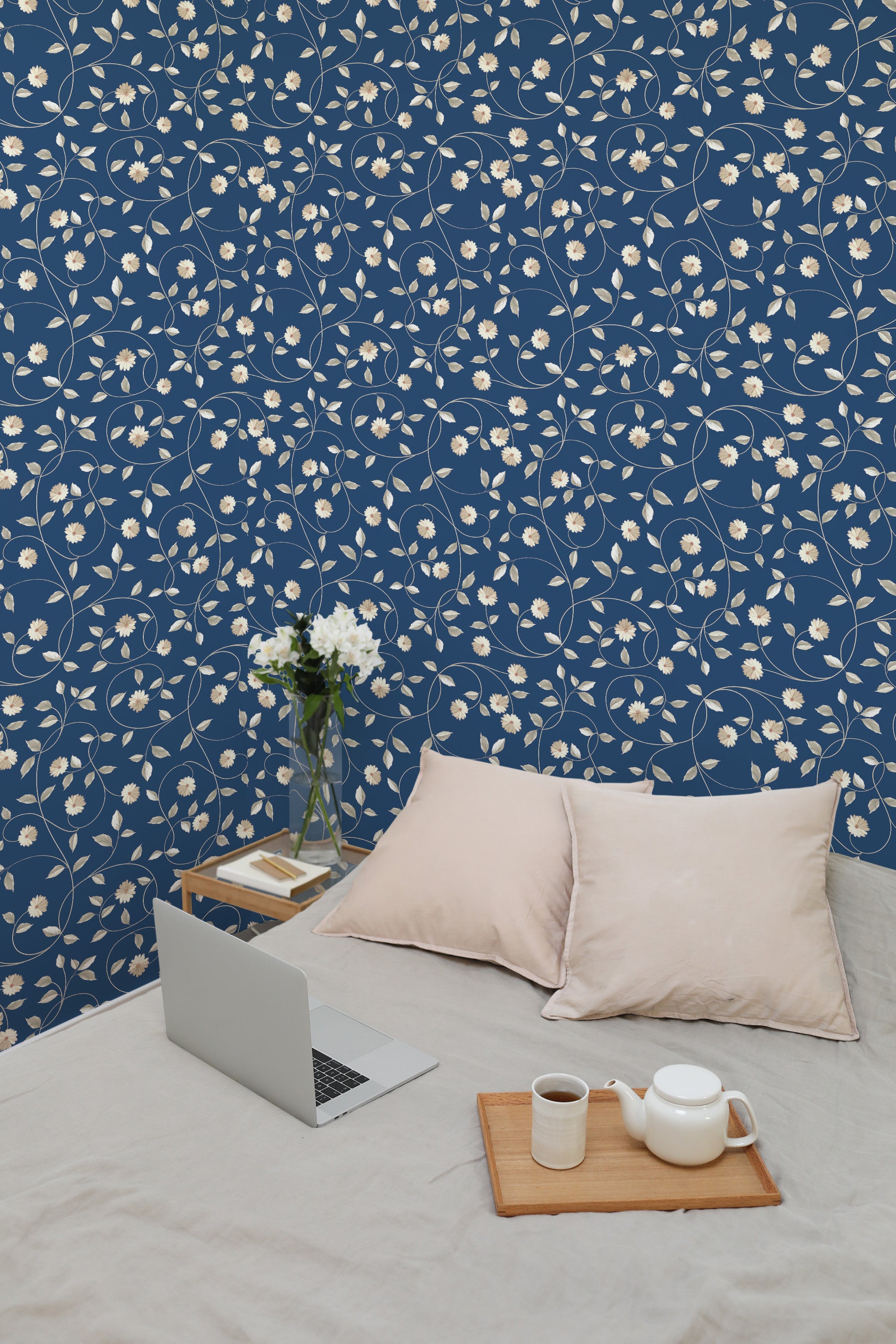 Self-adhesive blue wallpaper with golden floral patterns, featuring delicate white flowers intertwined with golden leaves and vines, creating an elegant and soothing atmosphere in the bedroom.