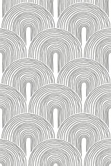 Black and white Art Deco line arch pattern with repetitive semi-circular arches created by thin, curved lines. Peel and stick removable wallpaper.