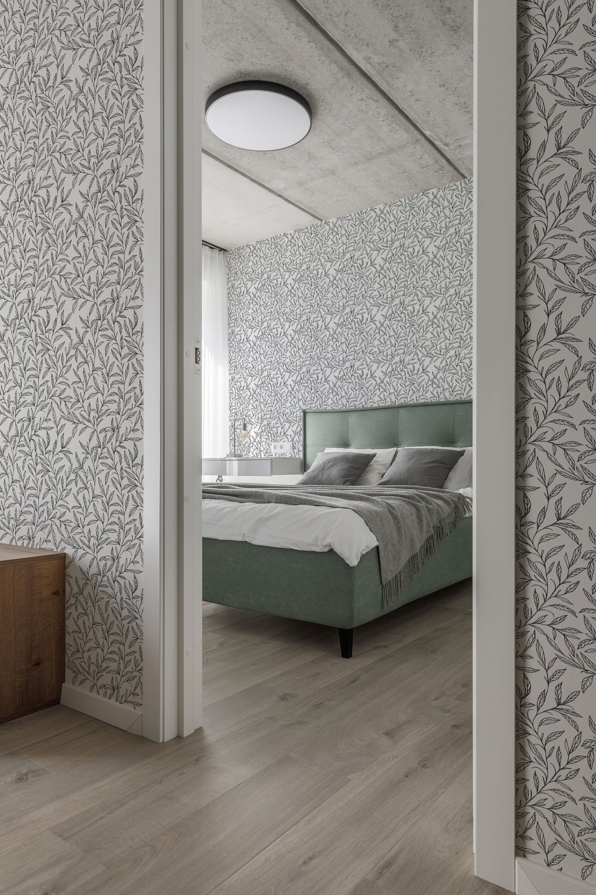 Room with wallpaper in a delicate black leaf pattern on a light background, creating a subtle, nature-inspired ambiance, traditional wallpaper.