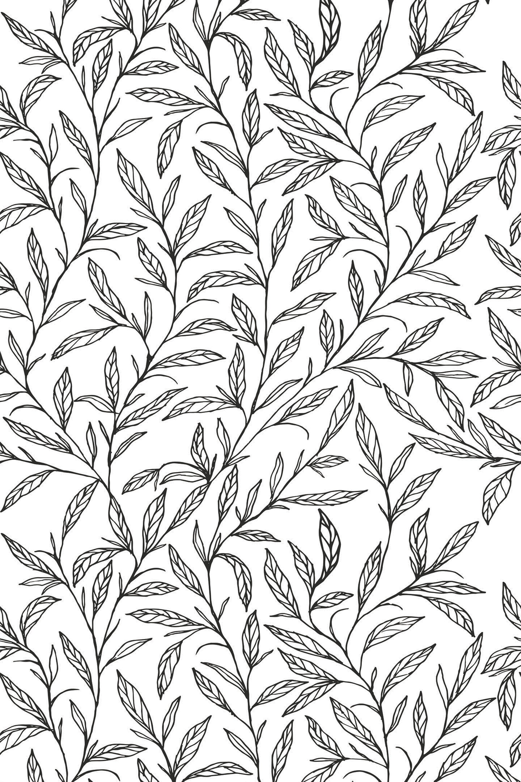Black leaf pattern with intricately drawn branches and leaves in a repeating design on a white background, peel and stick removable wallpaper.